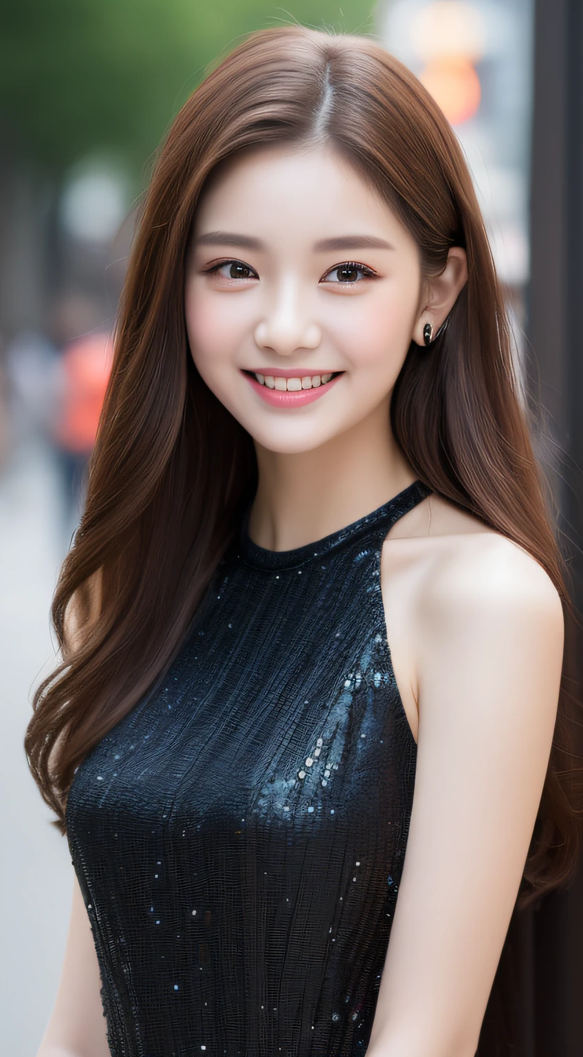 ((Best quality, 8k, Masterpiece :1.3)), 1girl, smiling, full body, slim face, Pretty woman, (Dark brown hair), full length dress :1.1, Ultra-detailed face, Detailed eyes, Double eyelid, blur background, slim face, city, outside, street,