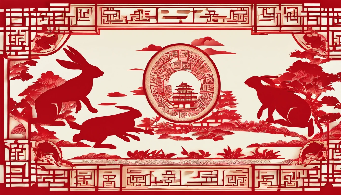 Zodiac rabbit,The zodiac rabbit is represented by shadow puppets,Windows of ancient China,Plump flowers as a match,Bright frontal light,The color is warm and reddish