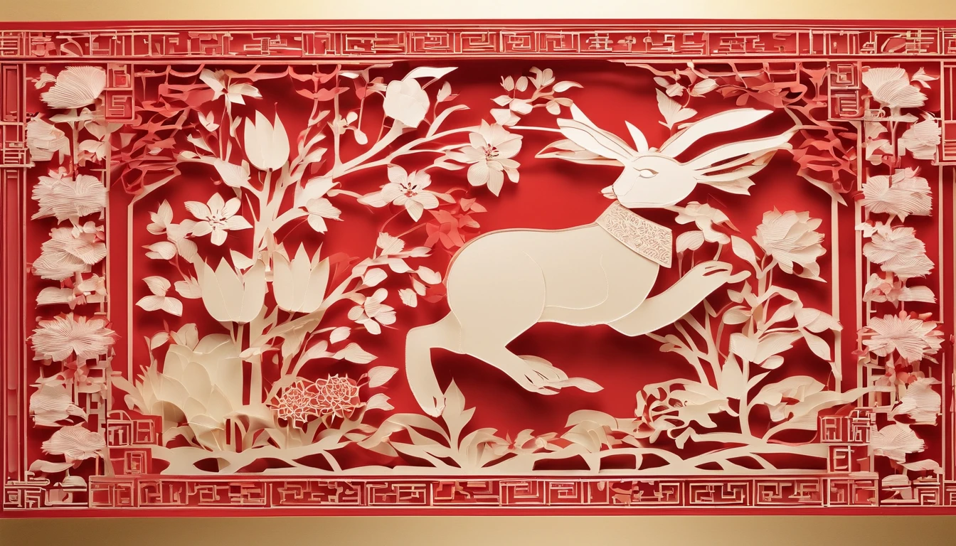 Zodiac rabbit，The zodiac rabbit is represented by shadow puppets，Windows of ancient China，Plump flowers as a match，Bright frontal light，The color is warm and reddish