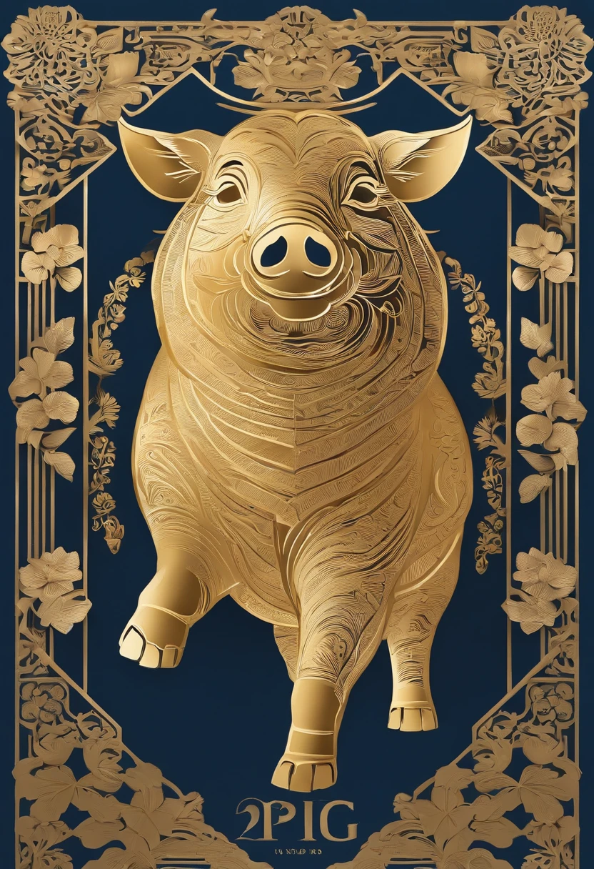 Paper Cuttings style，The Year of the Pig，Pigs are golden，Non-realistic，Golden, blue, white，، simple，Commercial posters，delight