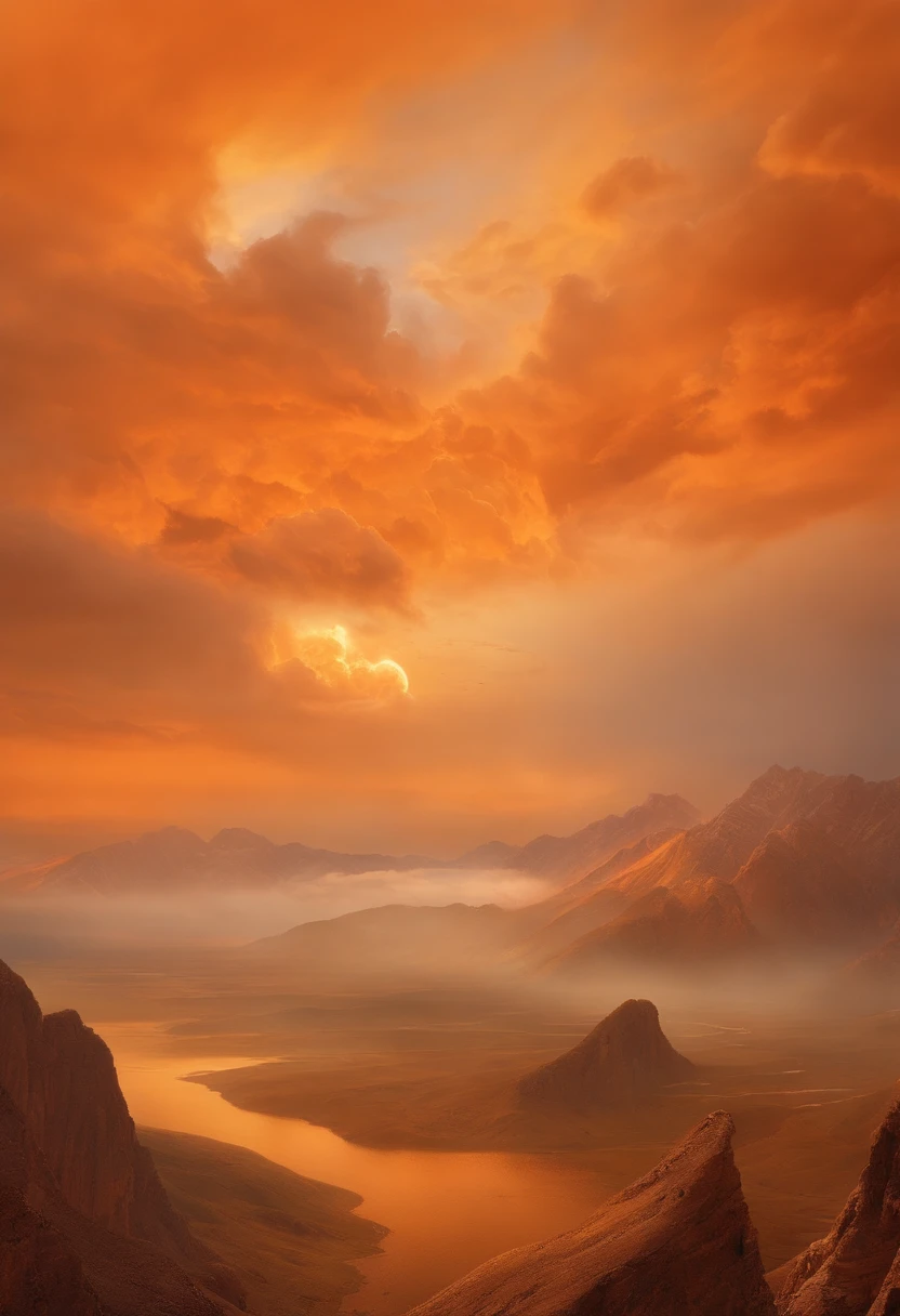 Angels without human feelings, the creator of the universe, mito, In the background of the image, Scene of the Tian Shan, orange clouds. The style of the image should be a caricature, With strong and eye-catching brushstrokes, As well as the mythology and angelic breath of the characters