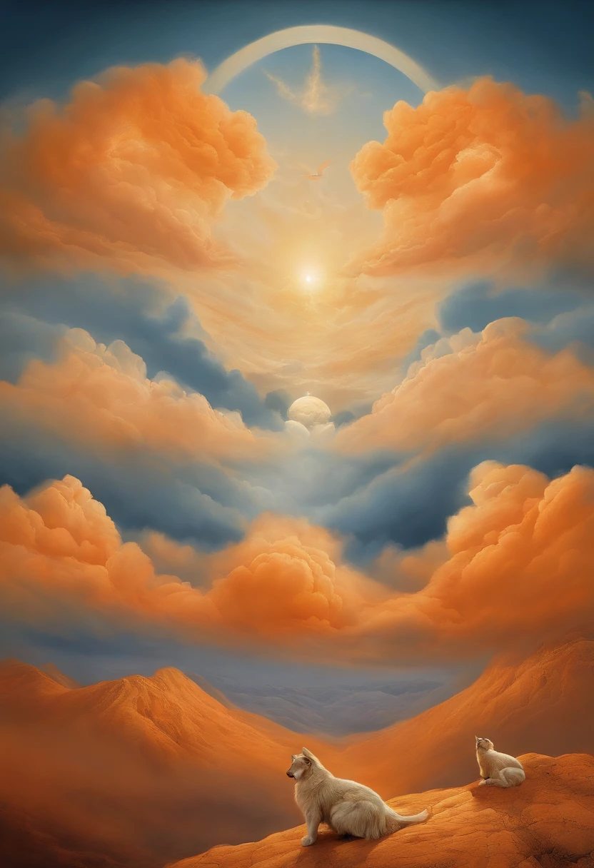 Angels without human feelings, the creator of the universe, mito, In the background of the image, Scene of the Tian Shan, orange clouds. The style of the image should be a caricature, With strong and eye-catching brushstrokes, As well as the mythology and angelic breath of the characters