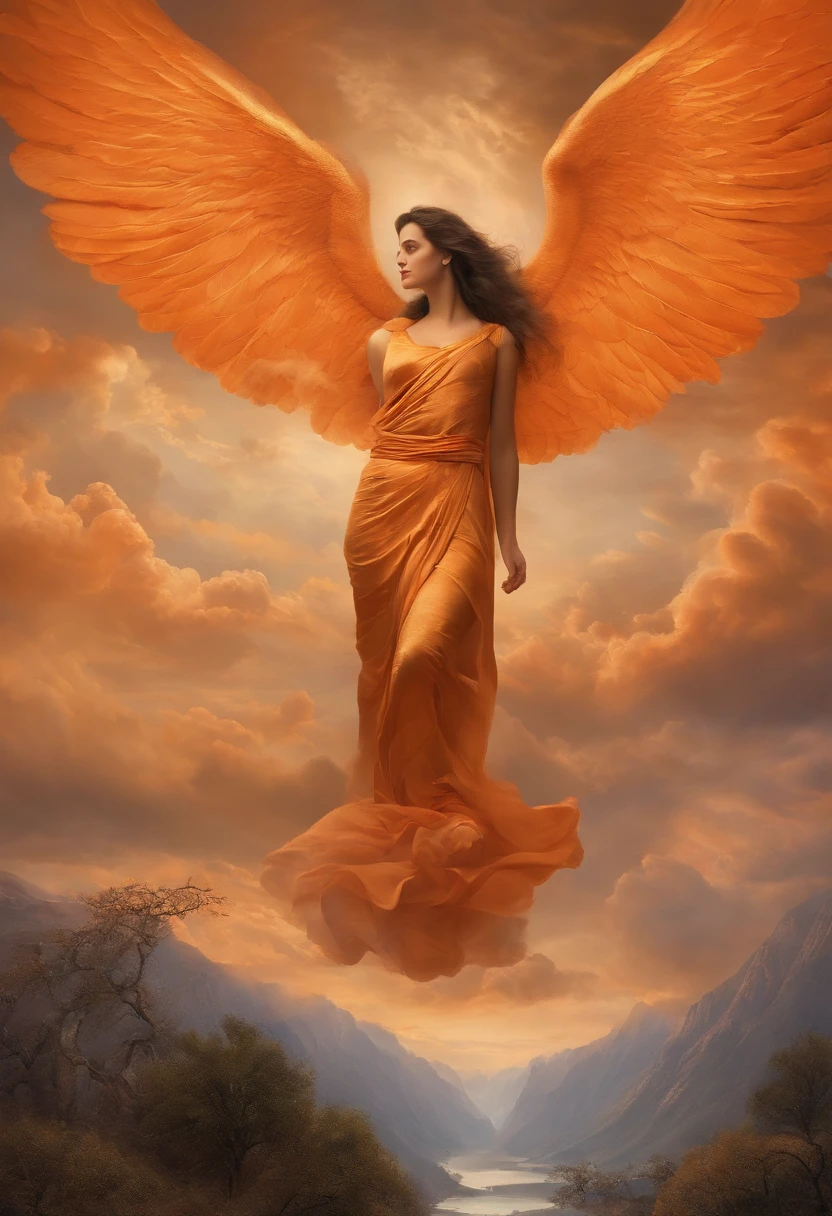 Angels without human feelings, the creator of the universe, mito, In the background of the image, Scene of the Tian Shan, orange clouds. The style of the image should be a caricature, With strong and eye-catching brushstrokes, As well as the mythology and angelic breath of the characters