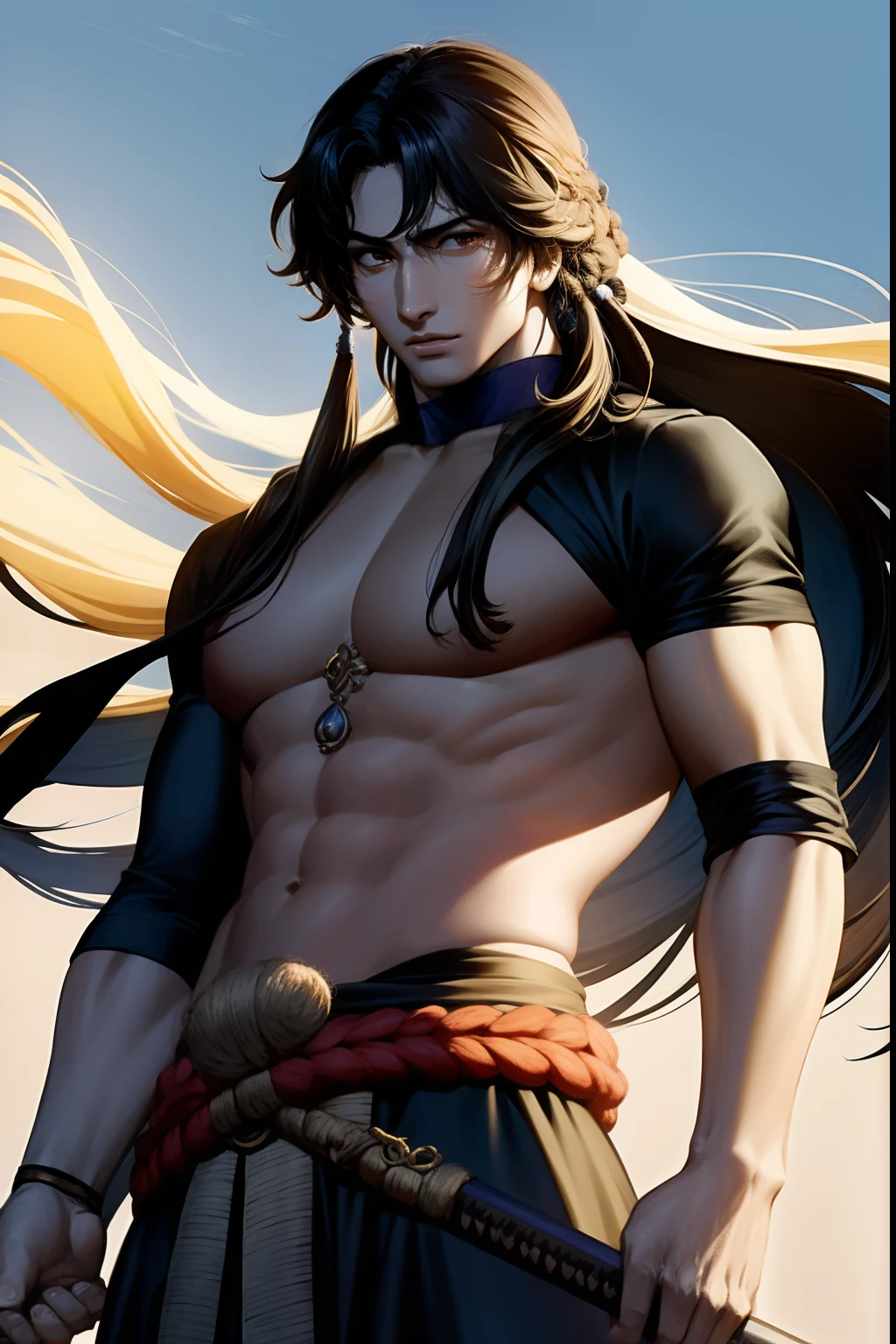 1Homem usando roupas antigas hunfa wuxia, cabelos negros longos, sedosos, olhar selvagem, viril e bonito, roupas cor negra, male-looking man, arrogante, gesturing with his left hand and wielding a long sword with his right hand, (corpo inteiro)arte detalhada, epic
