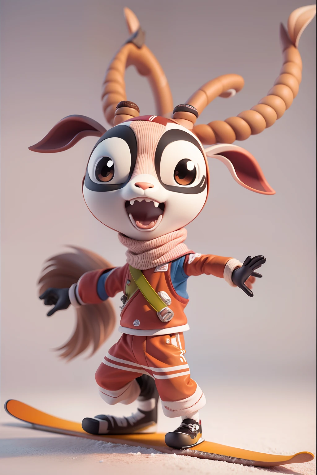 Antelope cartoon character in ski gear skiing,The expression is kind,Exaggerated styling,3D version,Similar to Kung Fu Panda