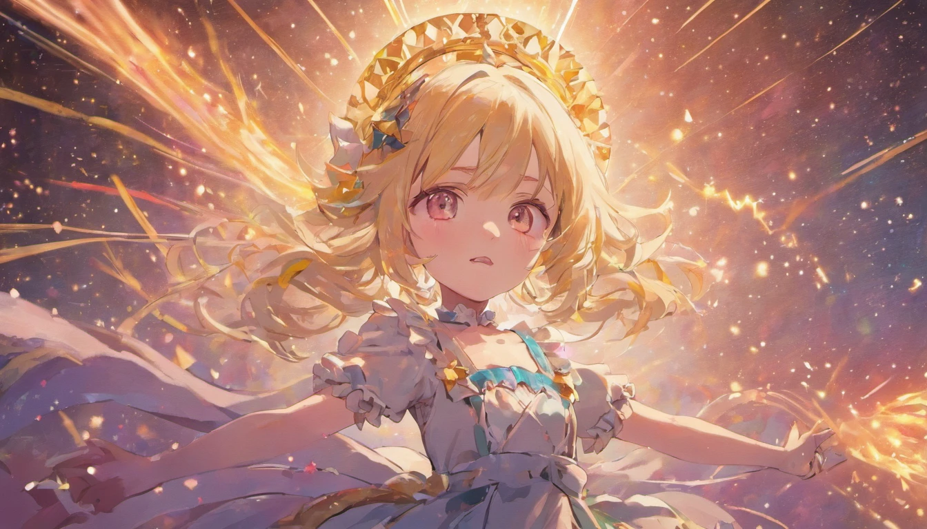 Masterpiece, Best quality, Masterpiece, Godlike quality, Godlike art, Highly detailed face, full bodyesbian, Highly realistic, Cute, young girl, Big eyes, Long eyelashes, multicolored hair, Multicolored eyes, Shiny skin, full pouty lips, large lips, Shiny skin, Blushing, Magnificent view, In space, Starry background, stars, Shining light, Colorful light, maid costume