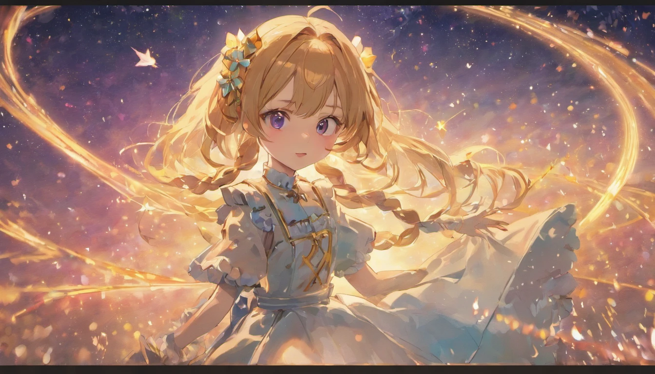 Masterpiece, Best quality, Masterpiece, Godlike quality, Godlike art, Highly detailed face, full bodyesbian, Highly realistic, Cute, young girl, Big eyes, Long eyelashes, multicolored hair, Multicolored eyes, Shiny skin, full pouty lips, large lips, Shiny skin, Blushing, Magnificent view, In space, Starry background, stars, Shining light, Colorful light, maid costume