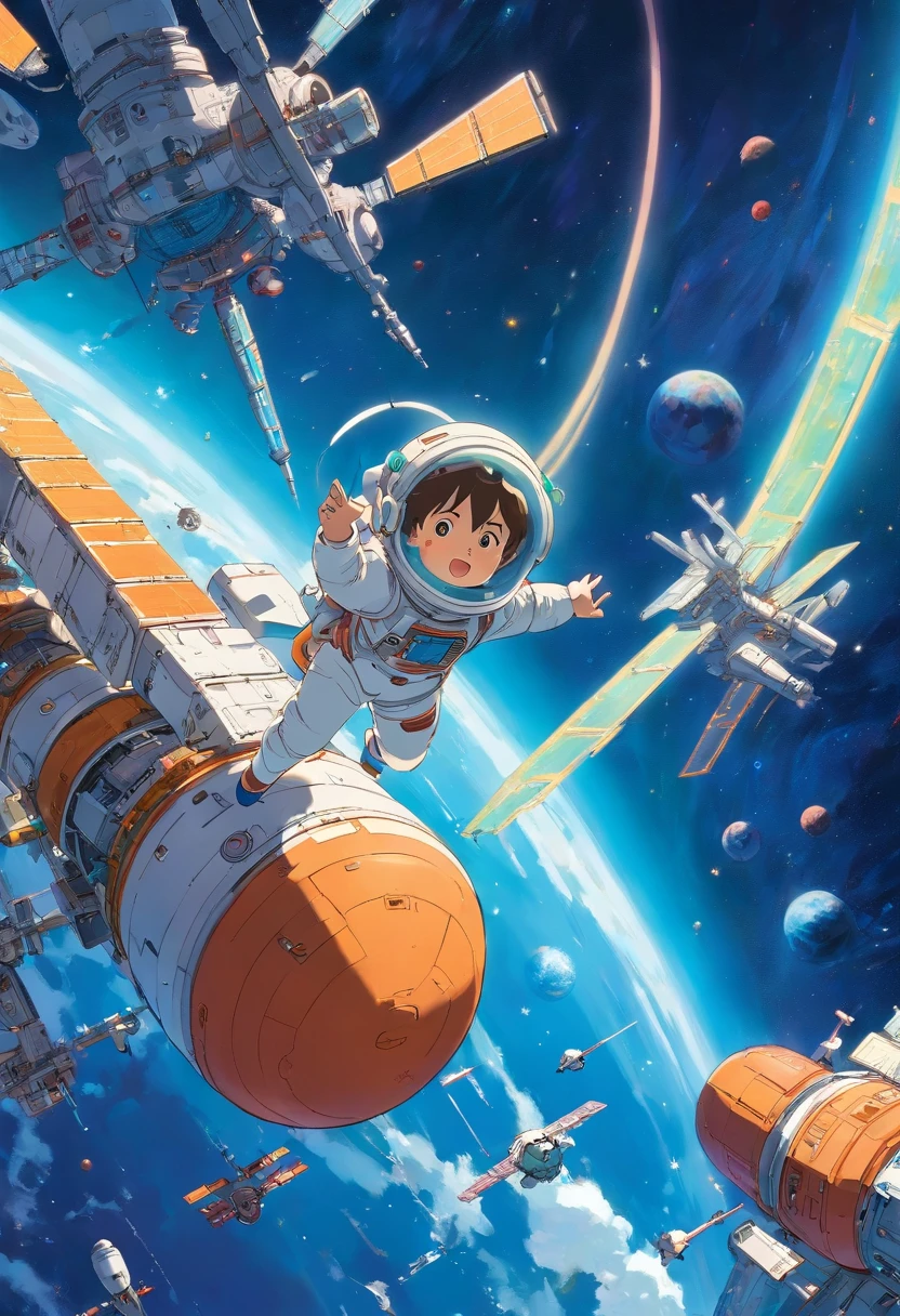 A futuristic space station floating in orbit, with many satellites and space ships flying around station, one boy in space suit gazing at station