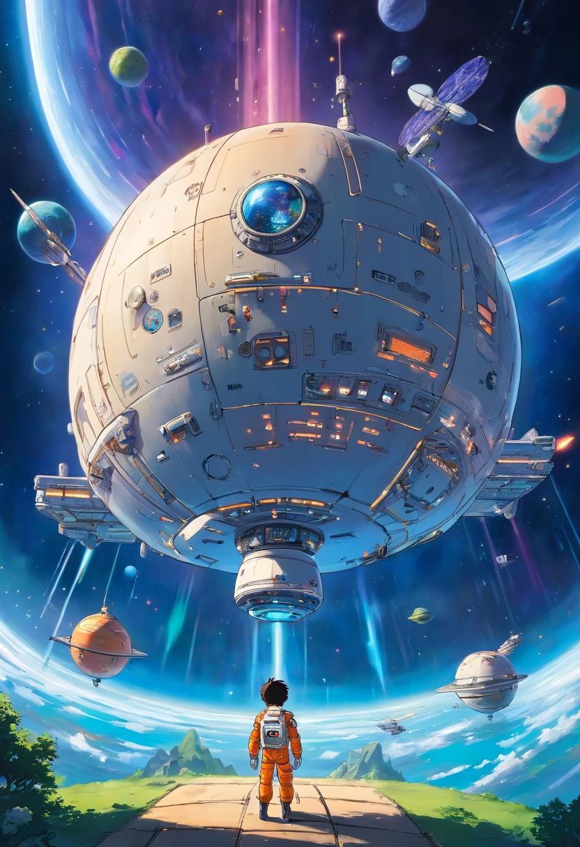 A futuristic space station floating in orbit, with many satellites and space ships flying around station, one boy in space suit gazing at station