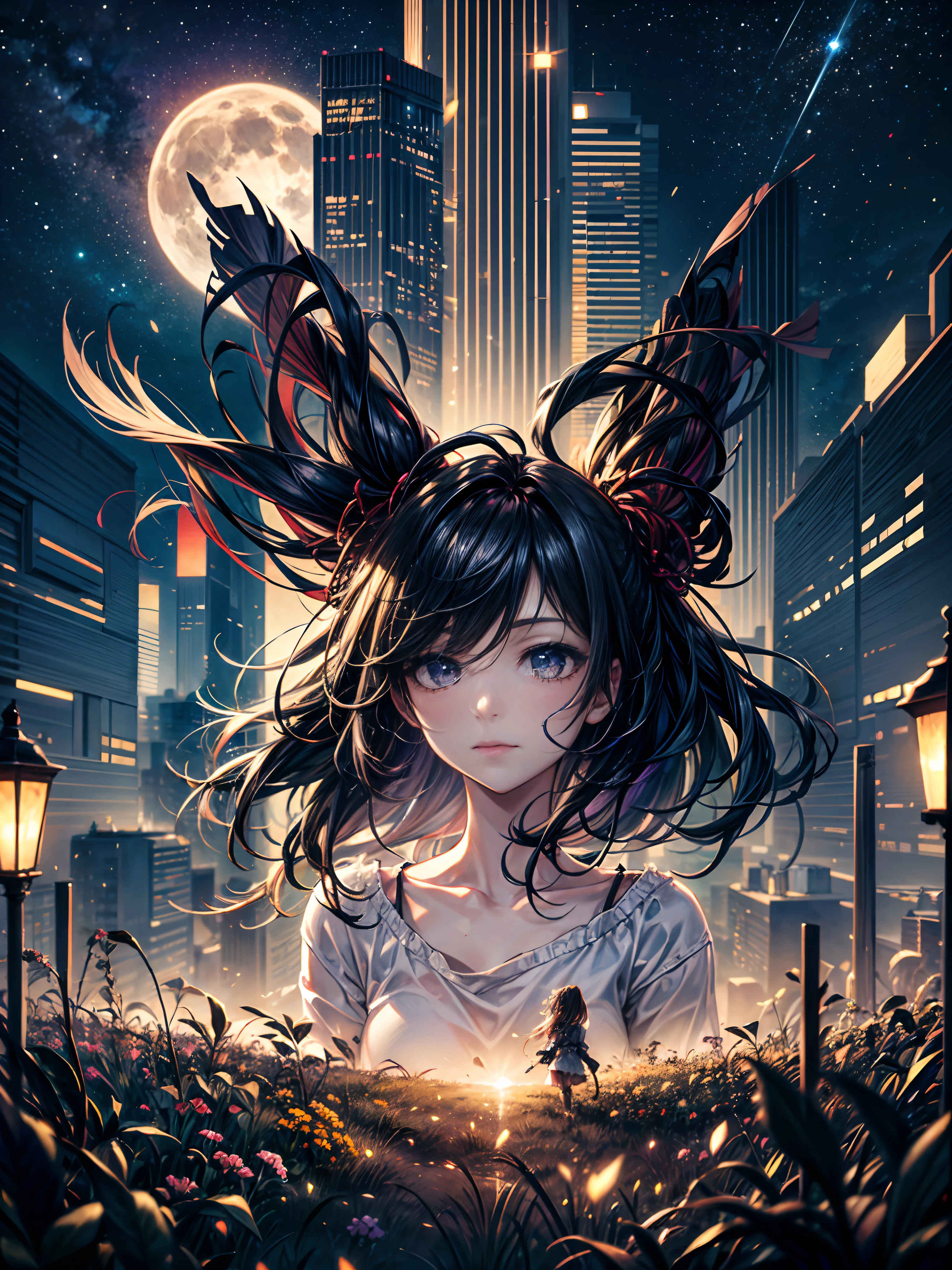 LANDSCAPE PHOTO (SEEN FROM BELOW, SKY ABOVE, FIELD BELOW), GIRL STANDING IN FLOWER GARDEN LOOKS UP (FULL MOON: 1.2), (METEOR: 0.9), (NEBULA: 1.3), DISTANT MOUNTAINS, TREES BREAK CRAFTING ART, (WARM LIGHT: 1.2), (FIREFLY: 1.2), LIGHTS, LOTS OF PURPLE AND ORANGE, INTRICATE DETAILS, VOLUMETRIC LIGHTING BREAK (MASTERPIECE: 1.2), ( Best Quality), 4K, Ultra Detailed, (Dynamic Composition: 1.4), Rich in Detail and Color, (Iridescent: 1.2), (Glow, Atmospheric Lighting), Dreamy, Magical, (Solo: 1.2)