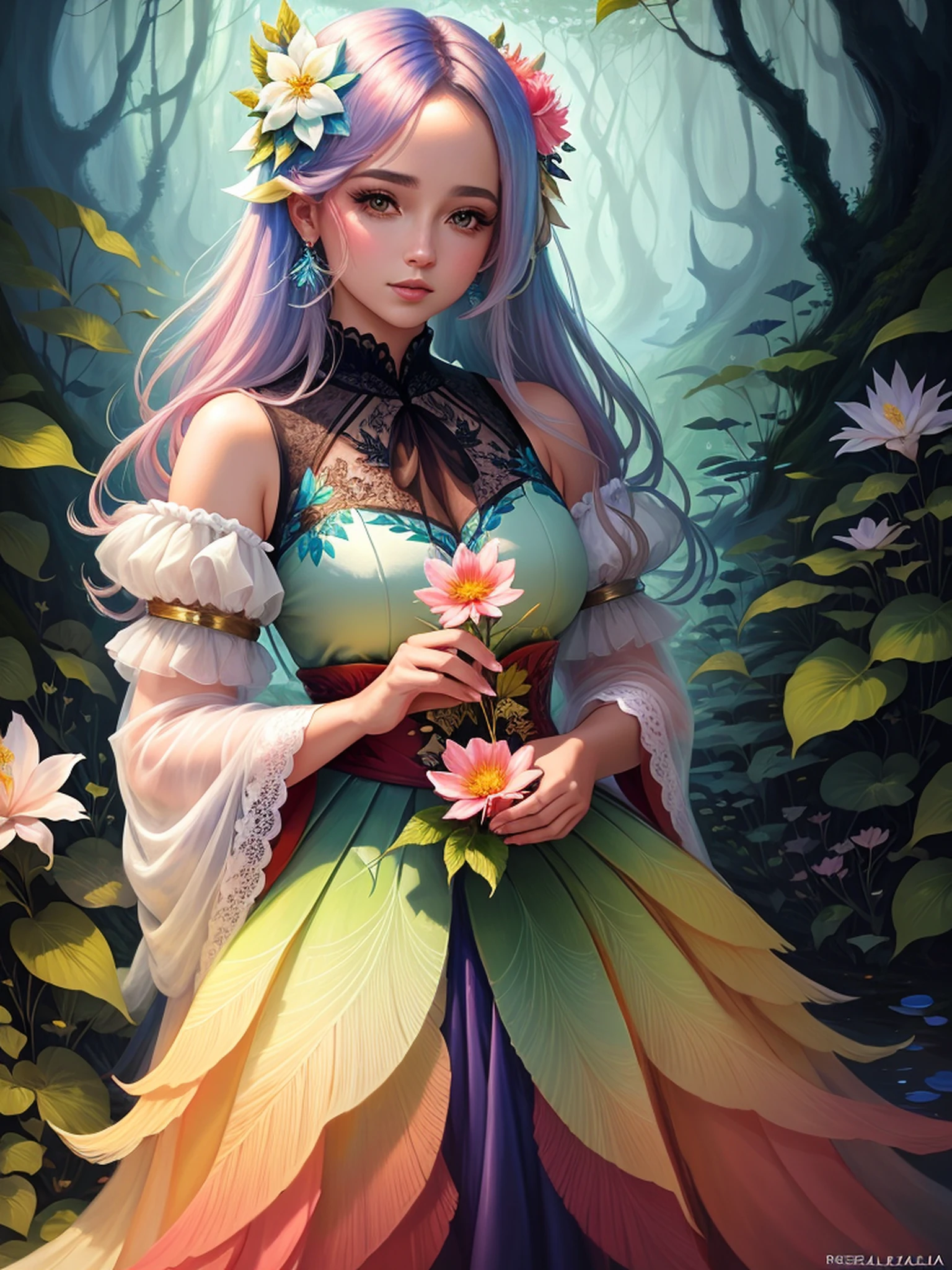 uma mulher com cabelos longos e uma coroa de flores em uma floresta, bela arte de fantasia, retrato bonito da arte da fantasia, retrato bonito da fantasia, estilo de arte de fantasia, arte de fantasia muito bonita, linda donzela fantasia, arte de fantasia digital ), arte digital fantasia arte, arte fantasia behance, arte digital fantasia, retrato da arte da fantasia, linda arte digital linda, arte estilo fantasia, arte digital de fantasia