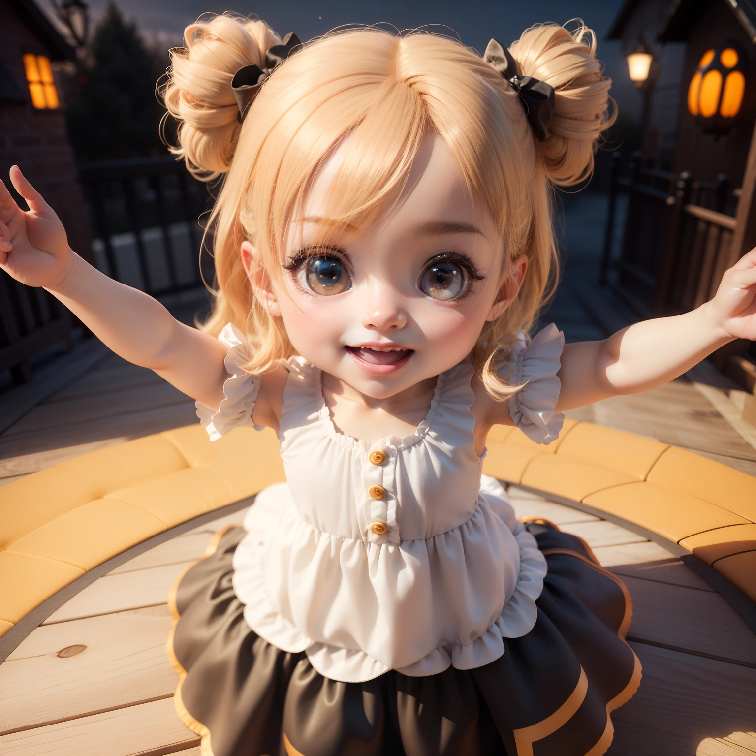 ,6-year-old girl,playful pose,dynamic pose,all fours,transparent white blouse,short black skirt,white stockings,blonde hair,cute pigtails,beautiful detailed eyes,long eyelashes,bright smile,innocence,fair skin,soft shadows,dreamlike,serene landscape,concept artist's imagination,ultra-fine painting,physically-based rendering