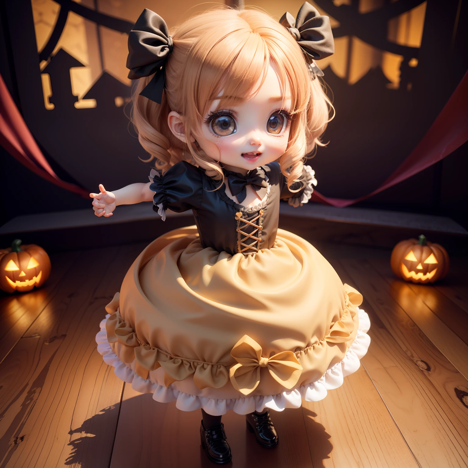 Cute  Chibi Anime,(((Chibi 3D))) (Best Quality) (Master Price)、fashion modell、Chibi Halloween Party Venue、Halloween Costumes、Open your mouth and smile、A detailed face、Standing、Beige hair