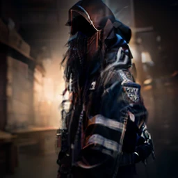 (品质最佳, 巨作)OriginalPhotographs,Fisheyes(rapper with dread hair, tattooed,mechanic arms)techwear jacket,Hood,scrolls,black and white clothes,Very detailed,Cinematic,Glow,ultrasharp,Particle