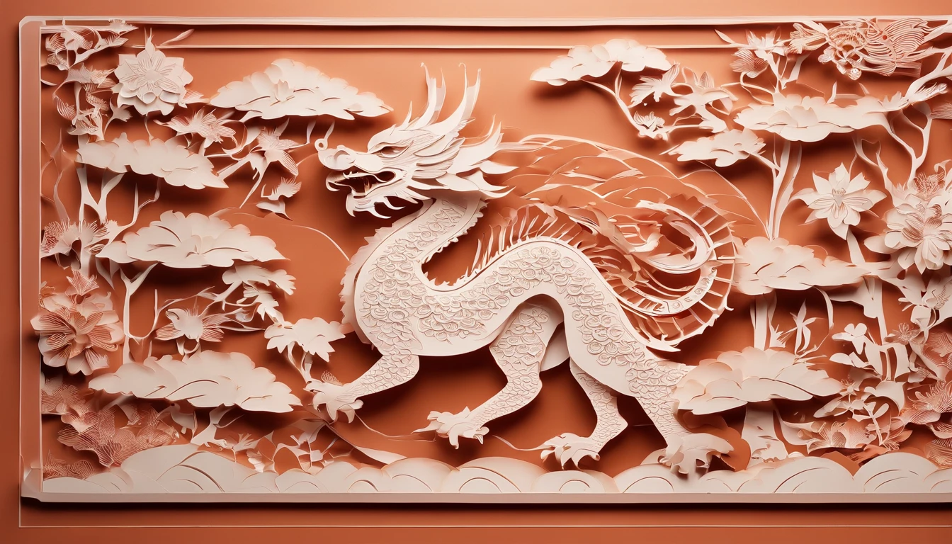 Zodiac dragon,The zodiac dragon is represented by shadow puppets,Windows of ancient China,Plump flowers as a match,Bright frontal light,The color is warm and reddish
