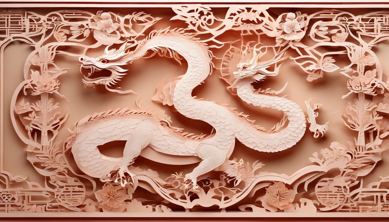 Zodiac dragon，The zodiac dragon is represented by shadow puppets，Windows of ancient China，Plump flowers as a match，Bright frontal light，The color is warm and reddish