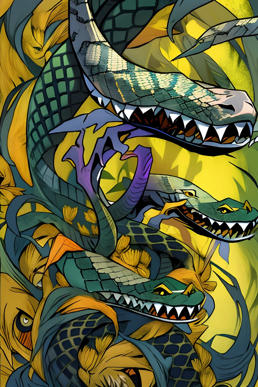 The drawing references Hazbin hotel style snake bright backlit yellow tone blue-purple background