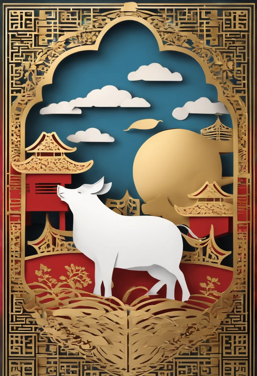 paper cut out,Paper Cuttings style,The Year of the Pig,Pigs are golden,Non-realistic,Gold, light blue, white,A little red,، simple,Commercial posters,delight