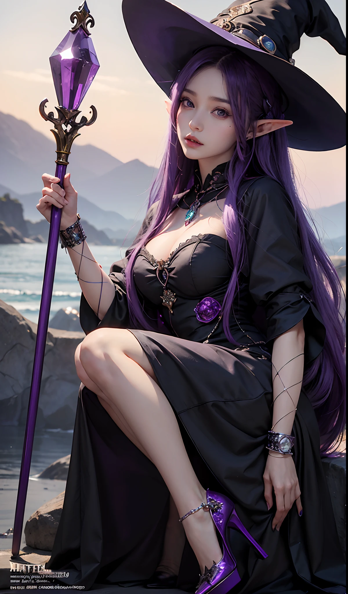 In the middle of so the storm on the stone field stand beatiful witch, she have a beautiful face with blue eyes shining purple lipstick and purple eye shadows, she have long blue hair with purple highlights, she dressed in black long coat short skirt high heels shoes and witch hat on her head , there is lighnings all around her, (ultra high quality fantasy art, anime fantasy style, masterpiece, ultra high quality character design, 8k quality anime art, realistic anime art, top quality wallpaper illustration, detailed ultra high quality accurate face, high quality design and accurate physic)