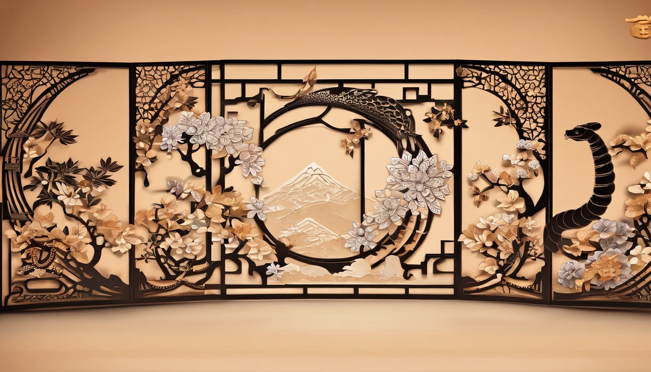 Zodiac snake，The zodiac snake is represented in shadow puppets，Windows of ancient China，Plump flowers as a match，Bright frontal light，The color is warm and reddish