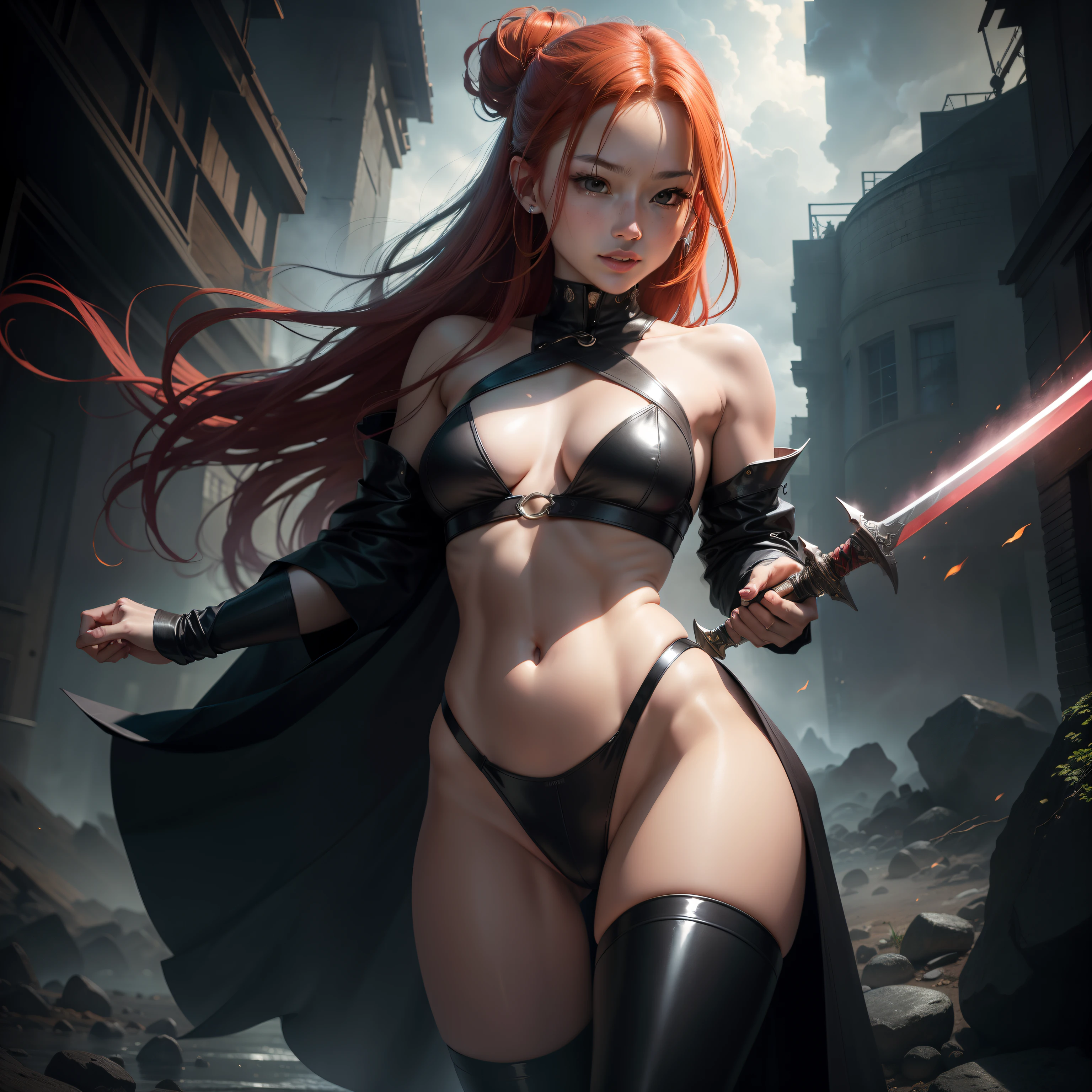 Natural redhead woman with her back to camera, Full Body Pose,, resent, half-opened mouth,Holding a sword in both hands、Niō Standing,Swinging a sword,Stylish updated hairstyles, hair in bun, Straight hair, Pretty Face, face perfect, Thunderstorm in the background, Destroyed otherworldly palace, Flame and thunder, Facial features are、Aya Yamamoto and Marina Matsui、It is a mix of Asuka Saito and Mao Akiyama, petite body, The photo looks like it was taken with a Sony A7 III, Professional Photographer, dark ambiance, Edge lighting, Cinematic, candles, witchcraft, Full body portrait, Hyper realistic, Beautiful face, 8K, Full body portrait, Elegant, Natural lighting, Sharp Focus, Very detailed face, bright and smooth bright skin, Beautiful face, Smiling, Happy, nffsw, Beautiful soft skin, 50 millimeters, low illuminance, dark and mysterious atmosphere, Vivid skin, Photorealism,Exposed underwear,Chest exposed,Shiny black leather outfit,Skinny Legs,