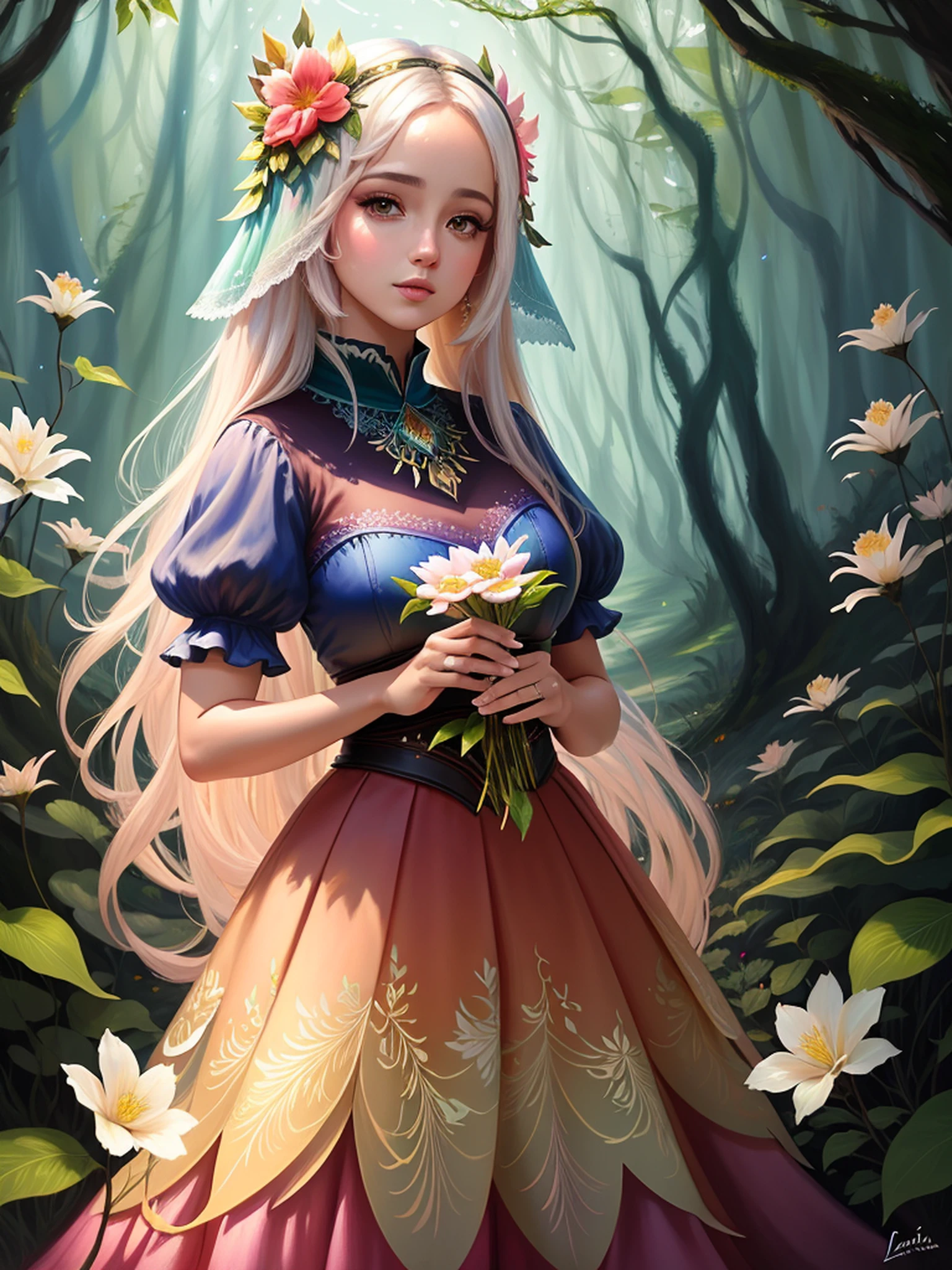 uma mulher com cabelos longos e uma coroa de flores em uma floresta, bela arte de fantasia, retrato bonito da arte da fantasia, retrato bonito da fantasia, estilo de arte de fantasia, arte de fantasia muito bonita, linda donzela fantasia, arte de fantasia digital ), arte digital fantasia arte, arte fantasia behance, arte digital fantasia, retrato da arte da fantasia, linda arte digital linda, arte estilo fantasia, arte digital de fantasia