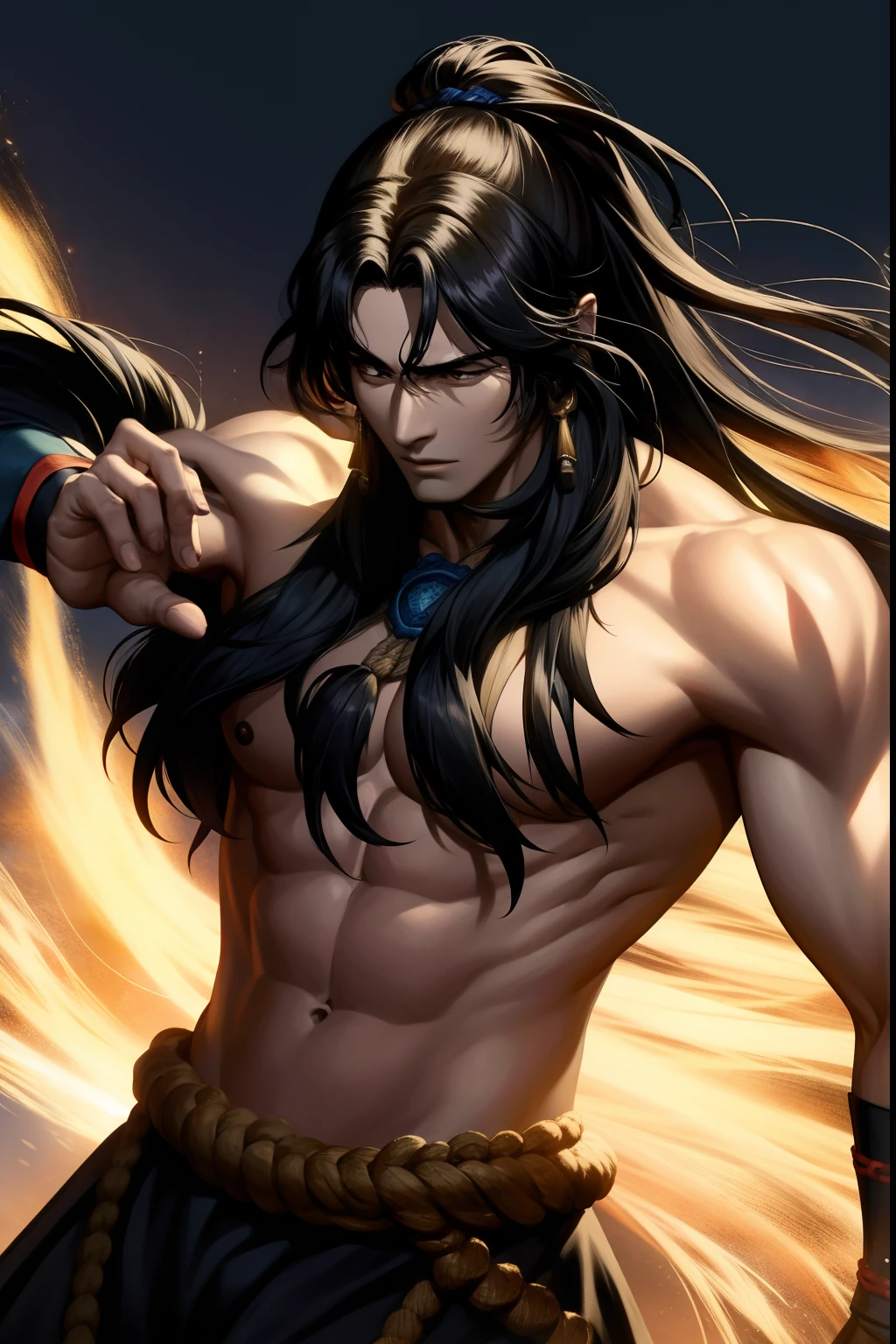 1Homem usando roupas antigas hunfa wuxia, cabelos negros longos, sedosos, olhar selvagem, viril e bonito, roupas cor negra, male-looking man, arrogante, gesturing with his left hand and wielding a long sword with his right hand, (corpo inteiro)arte detalhada, epic