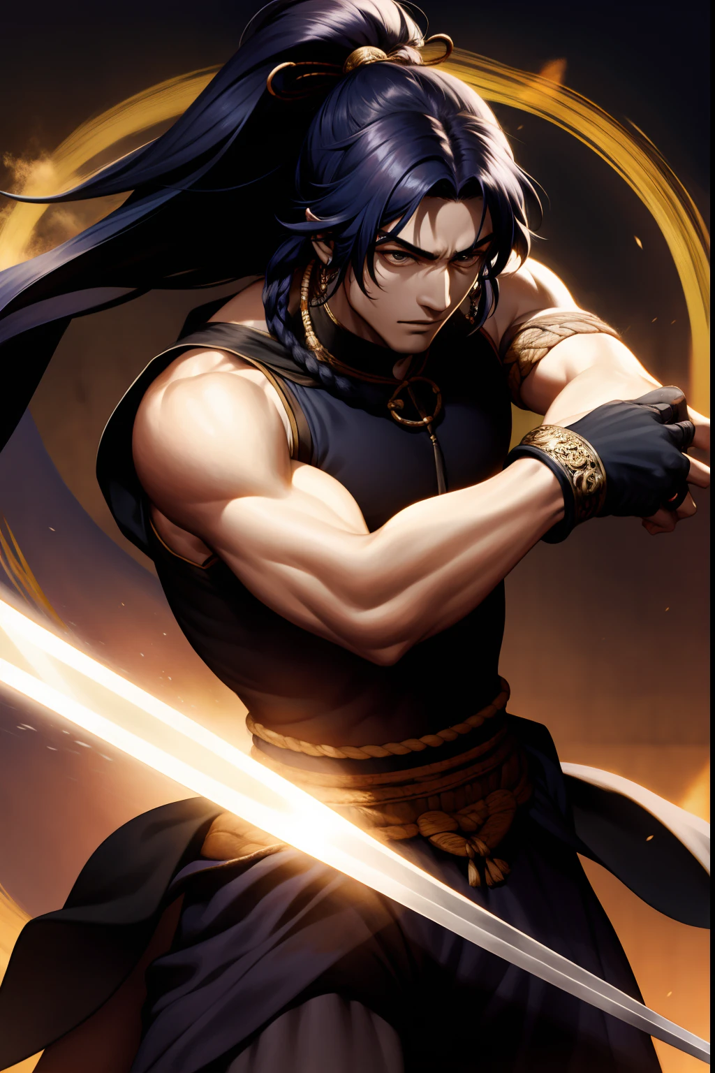 1Homem usando roupas antigas hunfa wuxia, cabelos negros longos, sedosos, olhar selvagem, viril e bonito, roupas cor negra, male-looking man, arrogante, gesturing with his left hand and wielding a long sword with his right hand, (corpo inteiro)arte detalhada, epic