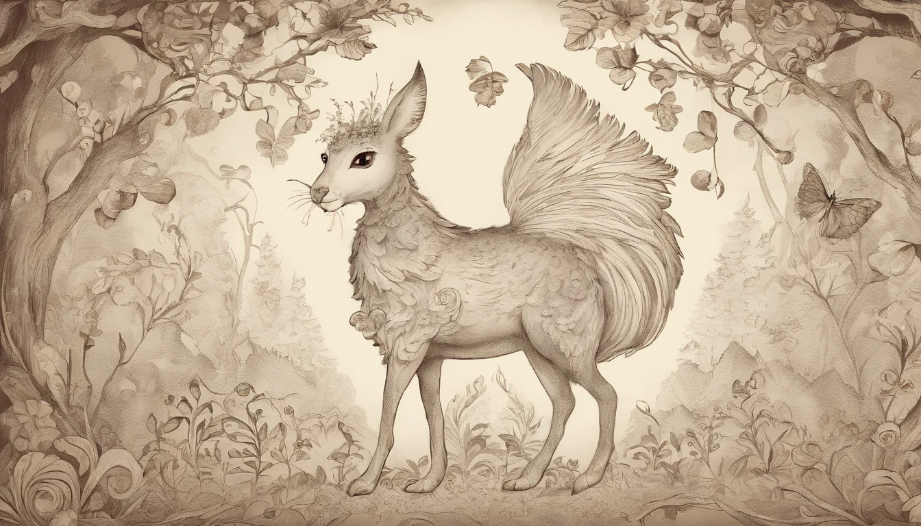 Coelho bonito dos desenhos animados, Floresta Encantada, Vintage Sepia, ((cartoon face)), no humans