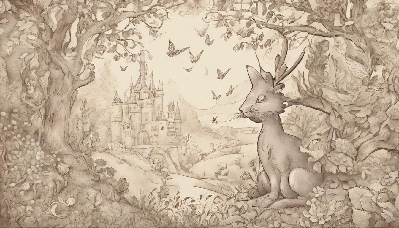 Coelho bonito dos desenhos animados, Floresta Encantada, Vintage Sepia, ((cartoon face)), no humans