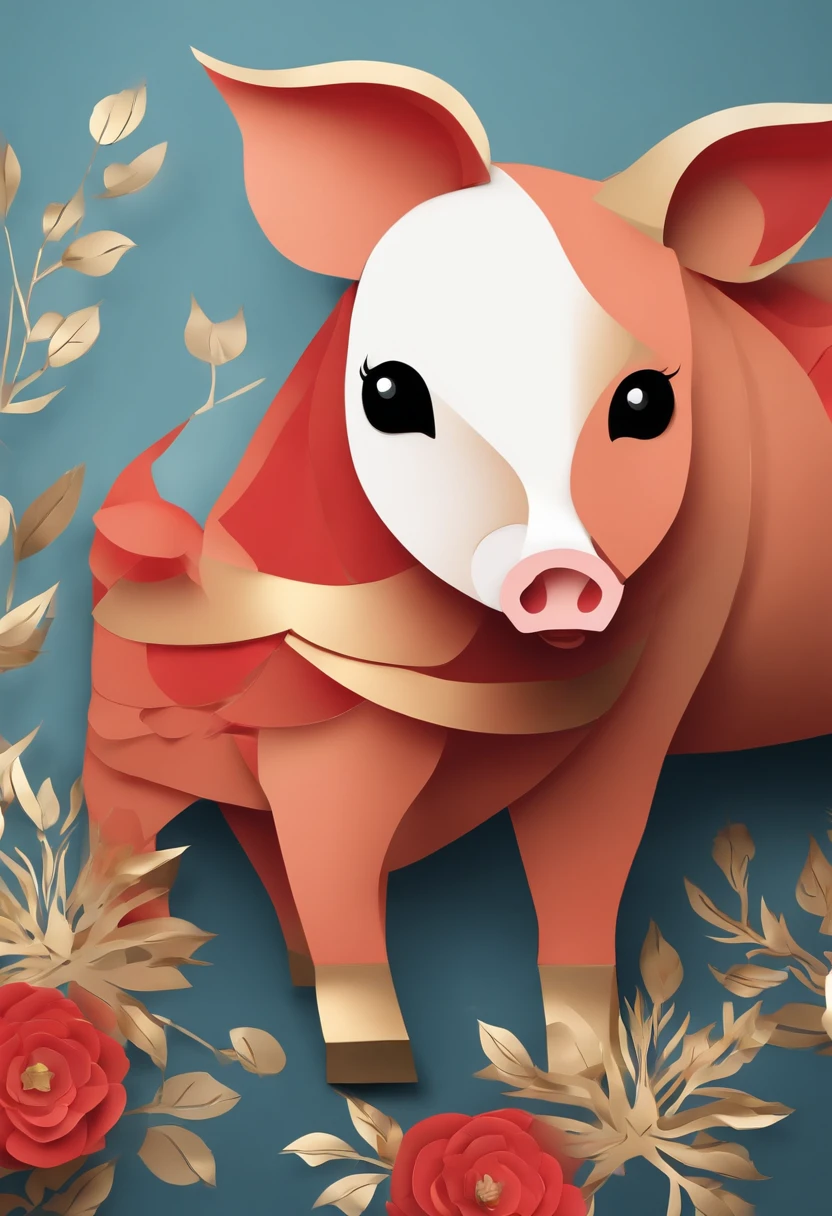 Pigs are paper cutouts，Paper Cuttings style，The Year of the Pig，Pigs are golden，Non-realistic，Gold, light blue, white，A little red，، simple，Commercial posters，delight