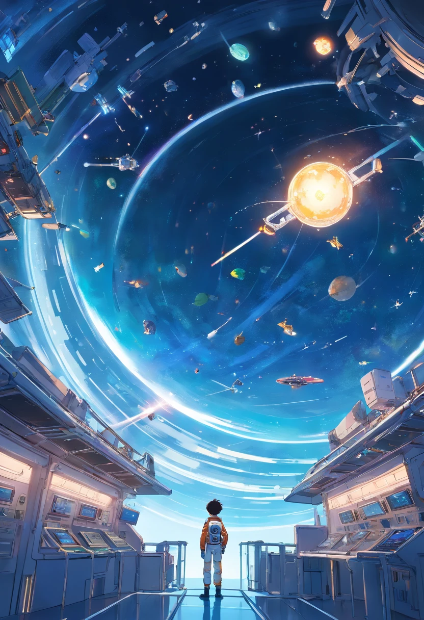 A futuristic space station floating in orbit, with many satellites and space ships flying around station, one boy in space suit floating , boy gazing at station