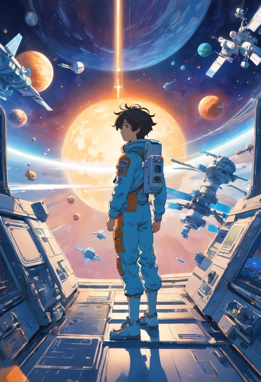 A futuristic space station floating in orbit, with many satellites and space ships flying around station, one boy in space suit floating , boy gazing at station
