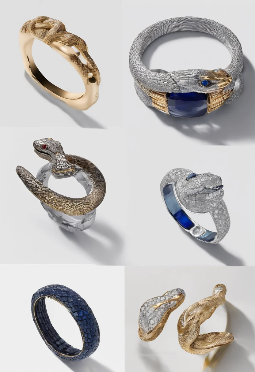 A pair of snake bracelets and rings on white background, In the style of trompe l'oeil pleats, Sapphire set with snake top，Rubies set in the eyes, The snake body is set alternately with white and blue diamonds，Extended surround，Dramatic gestures, reuthentic, tooth wu, to contrast
