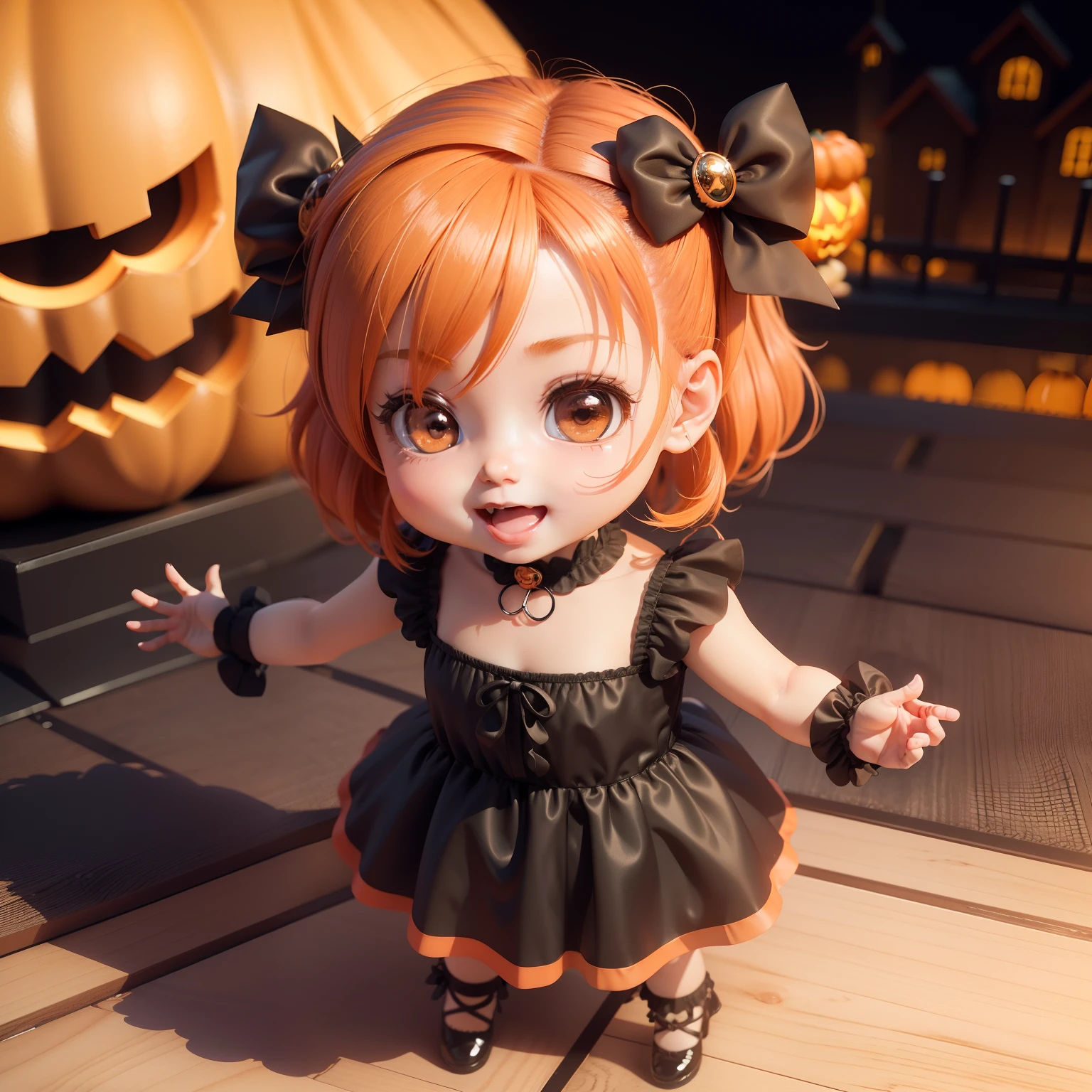 Cute Baby Chibi Anime,(((Chibi 3D))) (Best Quality) (Master Price)、fashion modell、Chibi Halloween Party Venue、Open your mouth and smile、A detailed face、Standing、Orange hair