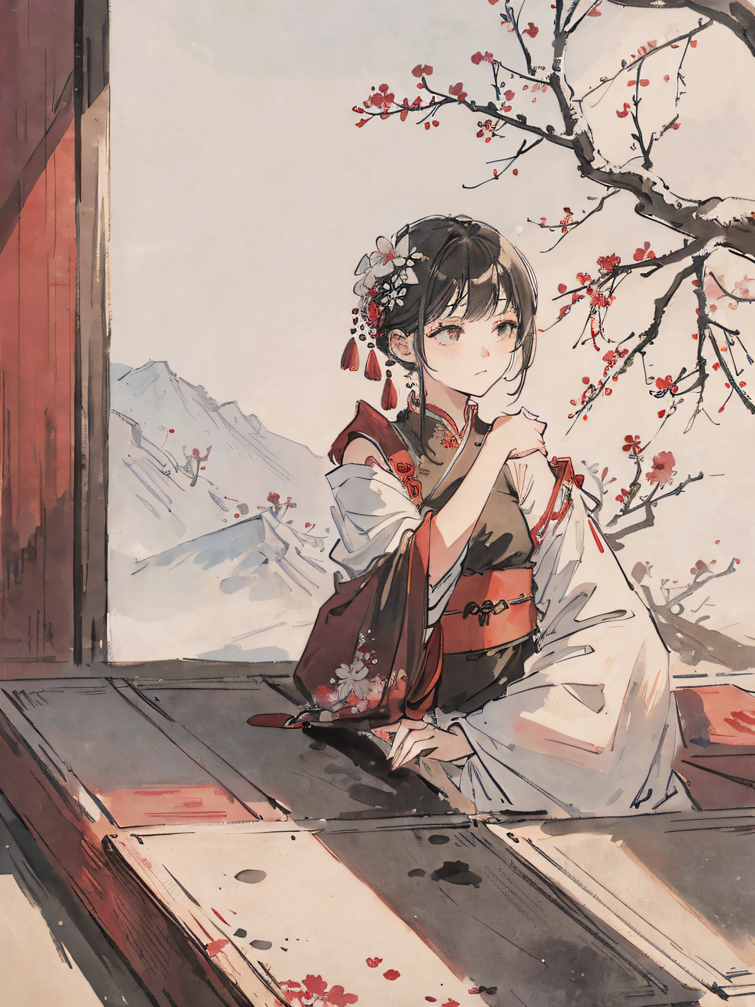 (Masterpiece, best quality: 1.2), traditional Chinese ink painting, plum blossom, snowing, red wall