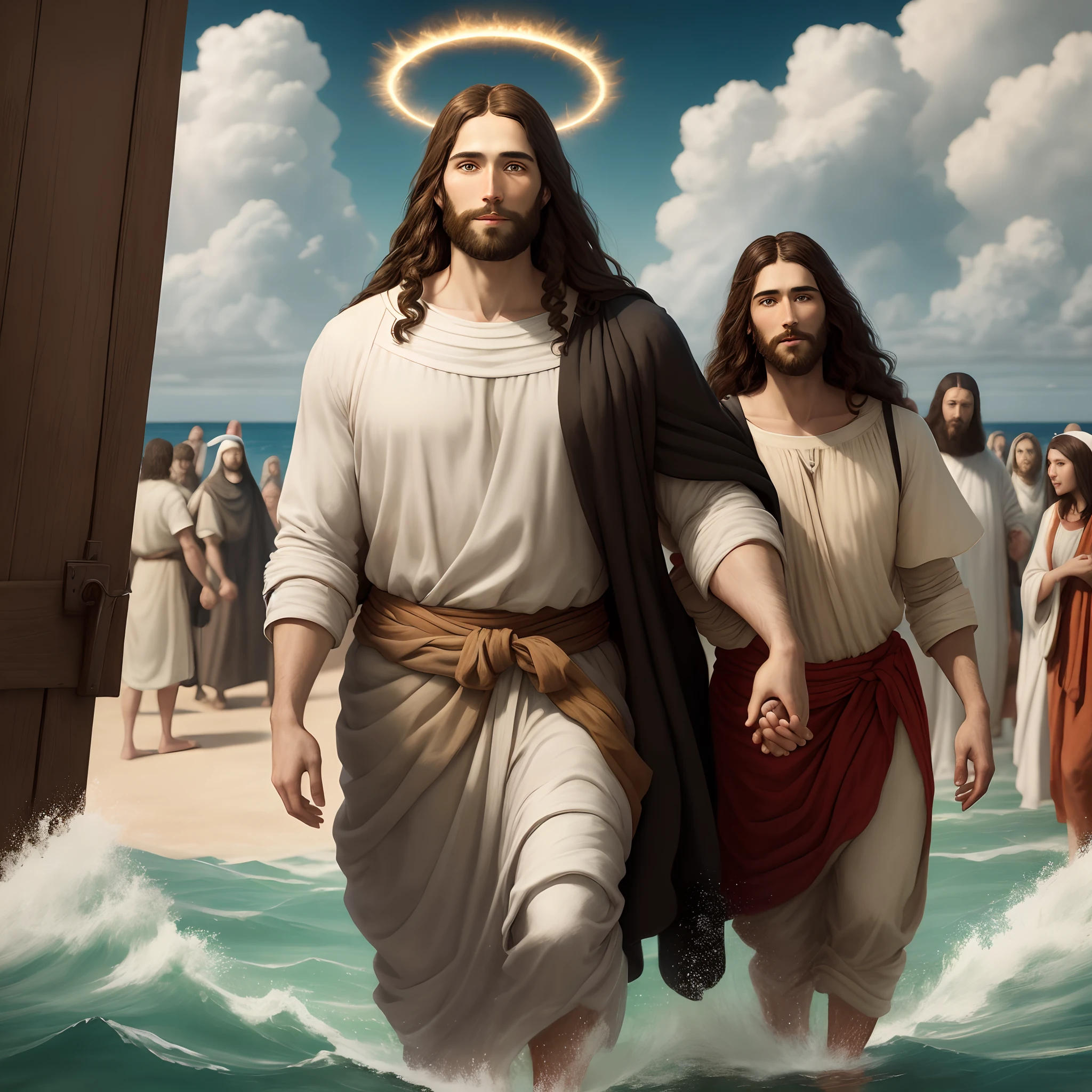 A beautiful ultra-thin realistic portrait of Jesus, the prophet, a man 35 years old Hebrew brunette, short brown hair, real perfect eyes, long brown beard, with, Helping People , wearing long linen tunic closed on the chest part, in front view, full body, biblical, realistic,by Diego Velázquez,Peter Paul Rubens,Rembrandt,Alex Ross,8k, Concept Art, PhotoRealistic, Realistic,  Illustration, Oil Painting, Surrealism, HyperRealistic, helping people , Digital art, style, watercolorReal Jesus flying on sky with a flying cloud in the background, Jesus walking on water, biblical illustration, epic biblical representation, forcing him to flee, coming out of the ocean, ! holding in hand!, disembarking, god of the ocean, beautiful representation, 8k 3D Model, realistic,
a 3D Realistic of jesus with a halo in the sky, jesus christ, smiling in heaven, portrait of jesus christ, jesus face, 35 young almighty god, portrait of a heavenly god, greg olsen, gigachad jesus, jesus of nazareth, jesus, the face of god, god looking at me, he is greeting you warmly, he is happy, avatar image