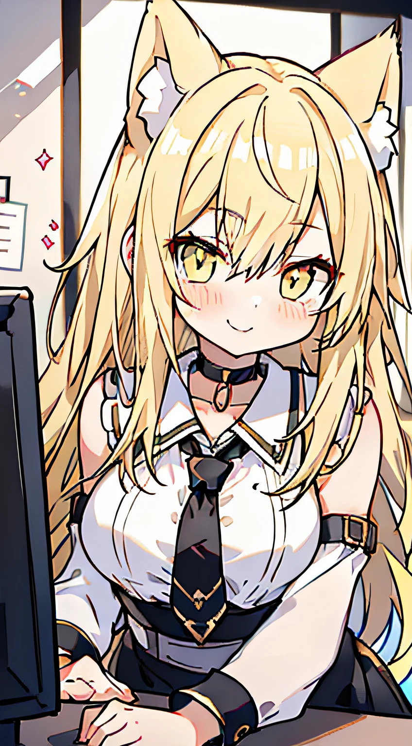 NSFW, Masterpiece, (Best quality:1.2), (Sharp focus:1.2),, 1 girl, Slim girl,, (Blonde|Light_Yellow hair), Cat ears,, Detailed face, Young|Cute face, Blush, Evil smile,, Natural breasts, Thin arms,, blouse with a white collar，black necktie, Black choker,, In a modern office, indoor