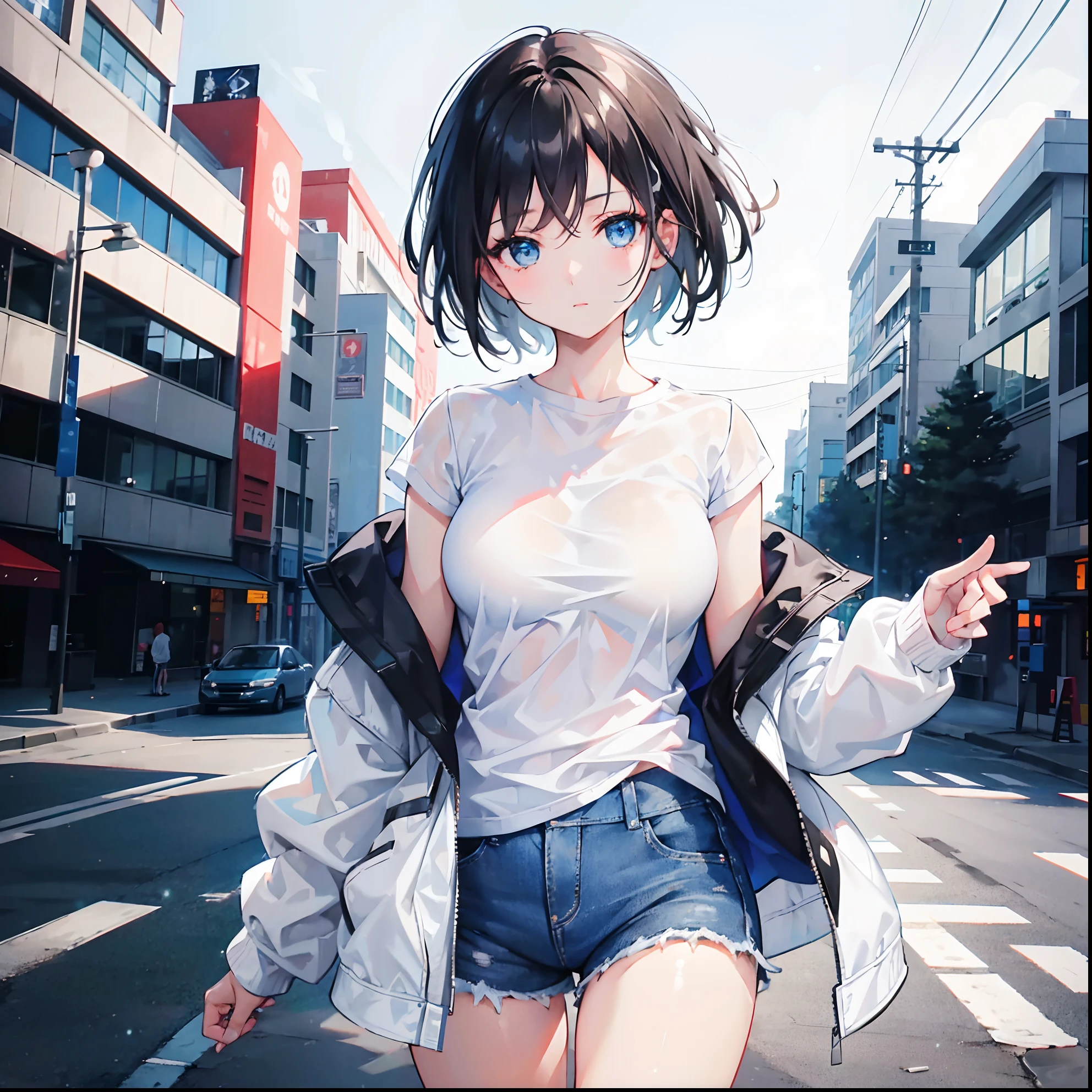 1 girl, short black hair, blue eyes, wearing plain white shirt, wearing white jacket, denim shorts, city, absudres, high res, ultrasharp, 8K, masterpiece, looking at viewer