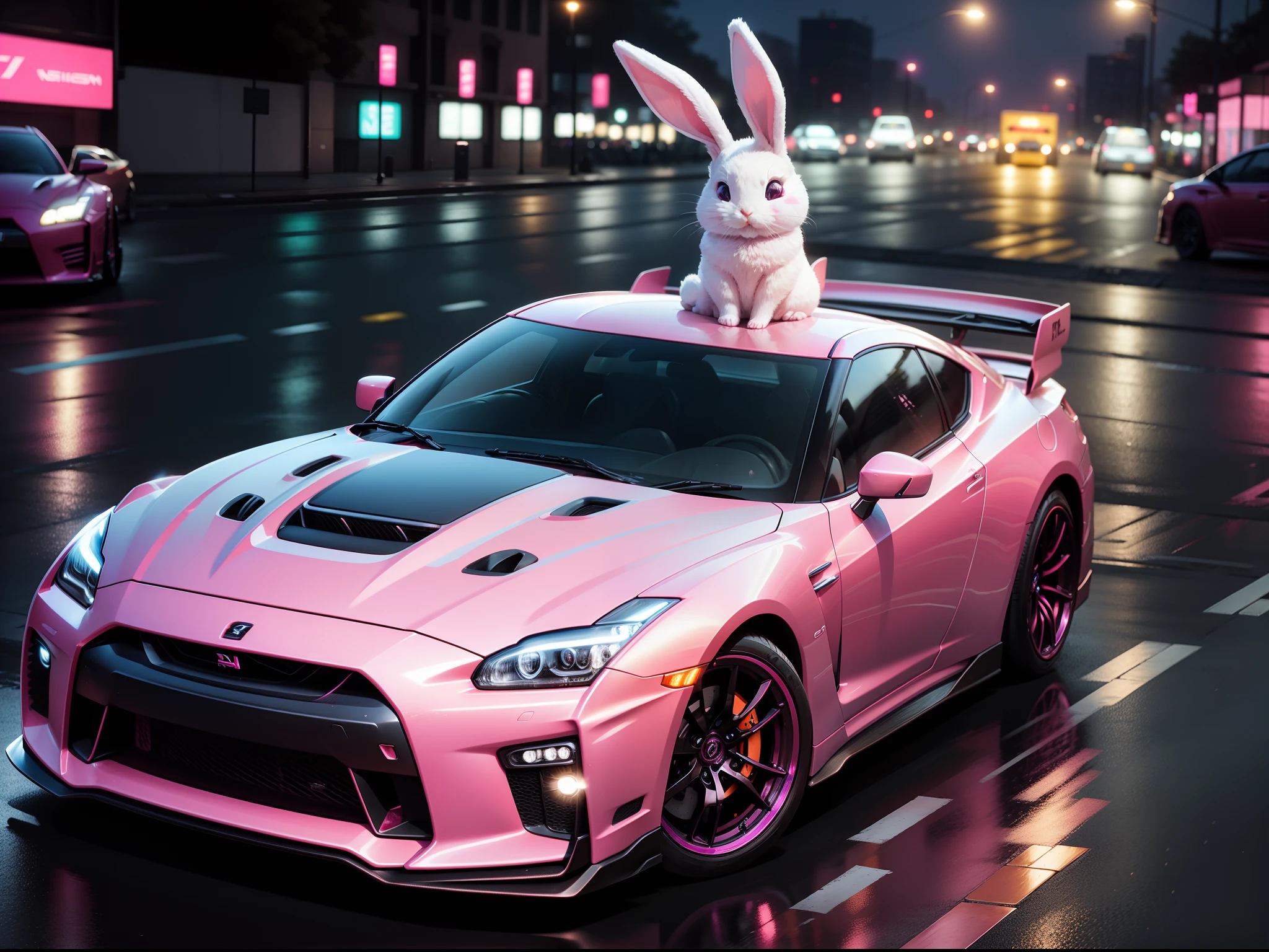 pink nissan gtr in the reflected road, little bunny driver, cyberpunk , pink and blue neon lamp, night.
