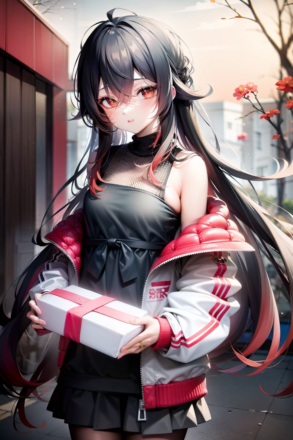 anime girl with long black hair and a red jacket holding a box, anime style 4 k, anime style. 8k, anime art wallpaper 8 k, kantai collection style, anime art wallpaper 4 k, anime styled digital art, anime art wallpaper 4k, from genshin impact, beautiful anime girl, 4k anime wallpaper, seductive anime girl, young anime girl, ho tau, flower eye