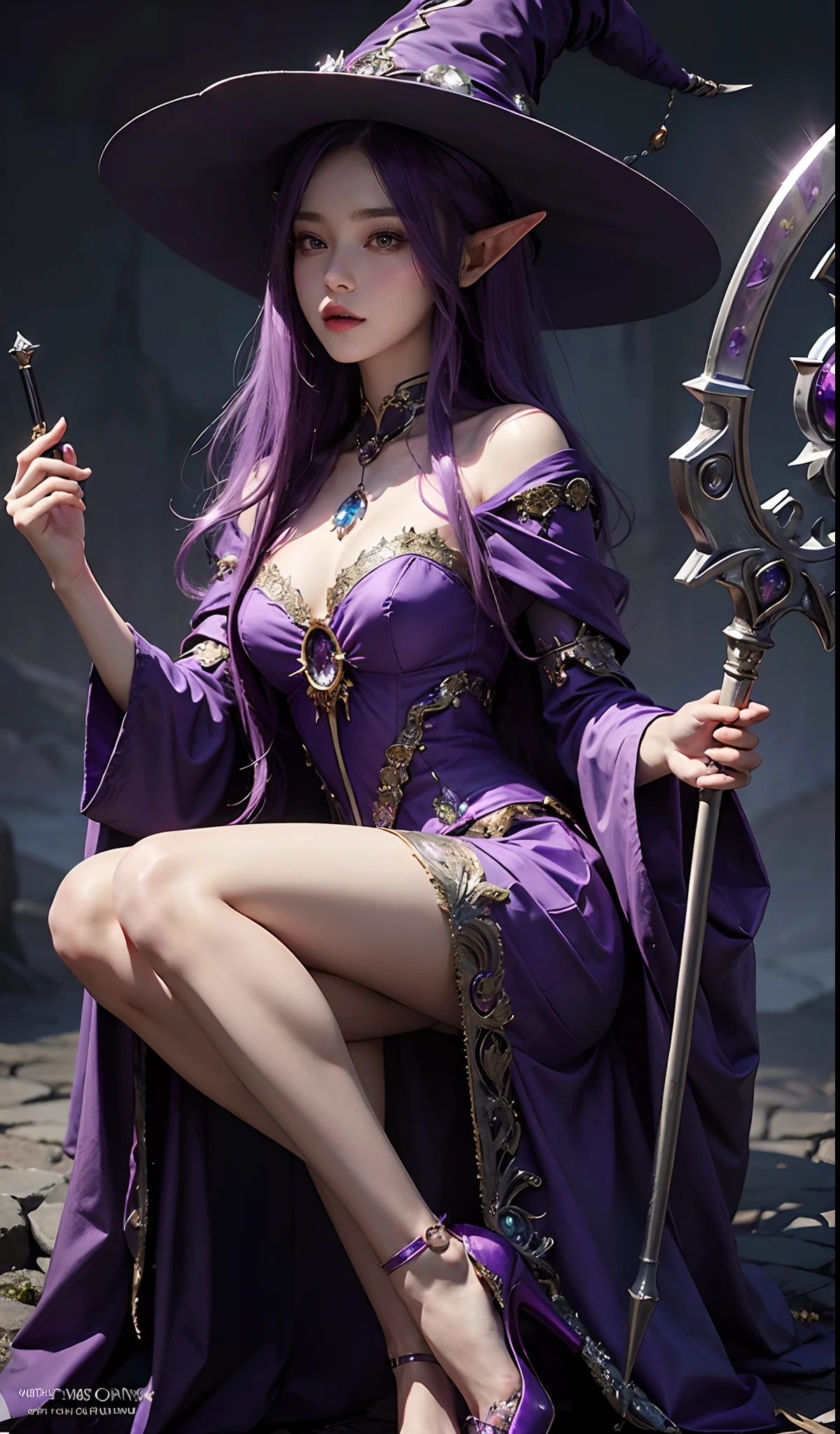 Best quality, Masterpiece, Detailed, Long dress, Purple-haired woman, holding a staff, Artgerm inspired, pixiv contest winner, The Witch, berserk art style, Close-up portrait, purple crystals, Magic Hat，high-heels，the elf...