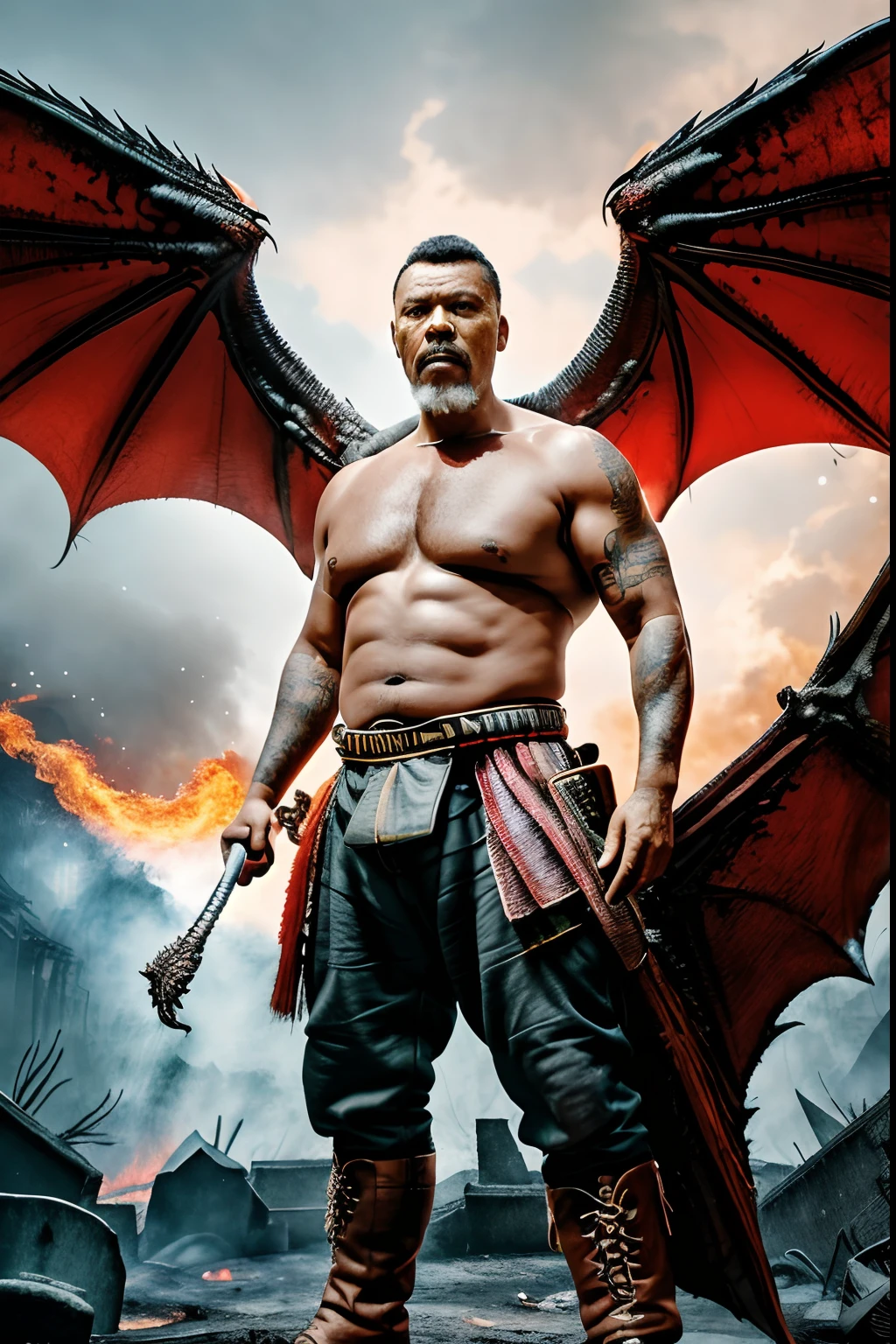guttovendo1, Generate an extraordinarily detailed and realistic illustration of a humanoid figure with impressive dragon wings, chifres proeminentes, pele vermelha vibrante, e intenso, olhos amarelos brilhantes. O personagem deve ser retratado de frente para o espectador, showcasing its formidable presence. Place this creature against a backdrop of raging fire and the remains of destroyed ruins, emphasizing the dramatic and chaotic nature of the scene. Use Octane rendering to capture intricate detail and realistic textures, garantindo um resultado 8K UHD inspirador e imersivo.