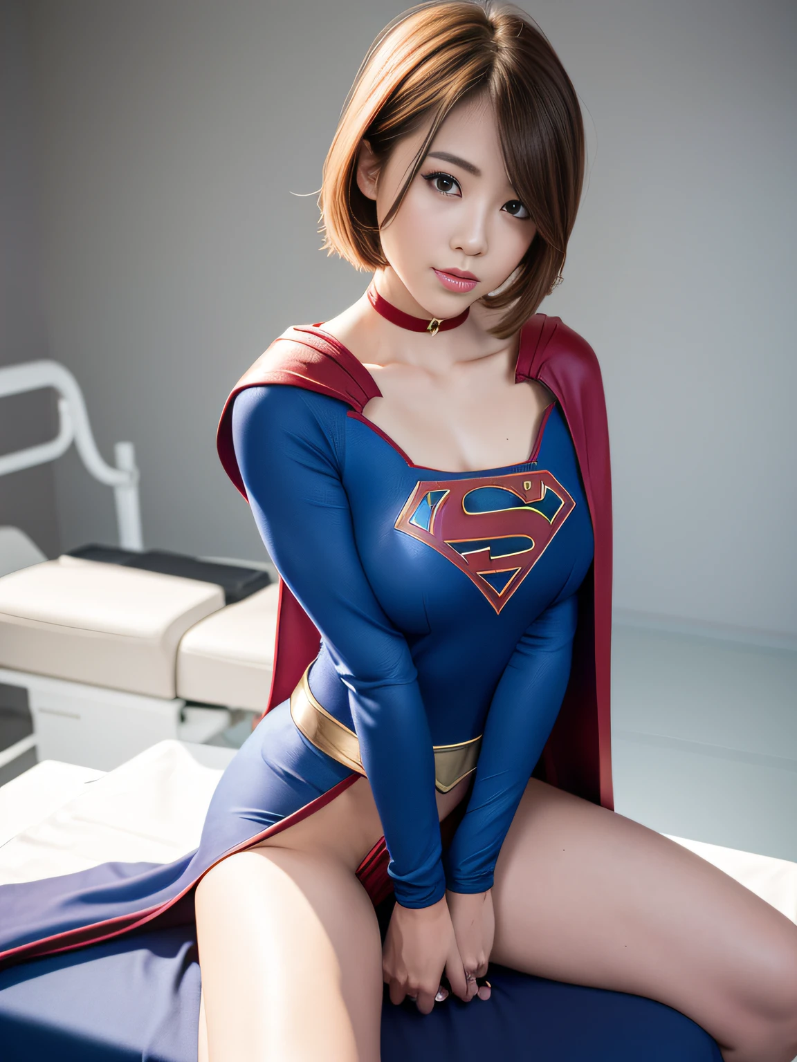 ​masterpiece,Supergirl Costume, short-hair, bare-legged, large full breasts,surgery room、Operating table、straddle、depraved、shiny、Looking at the camera、seduces、estrus、Cowgirl、Trance、Fayue、enjoyment、The sheen、Flashy、Short cloak