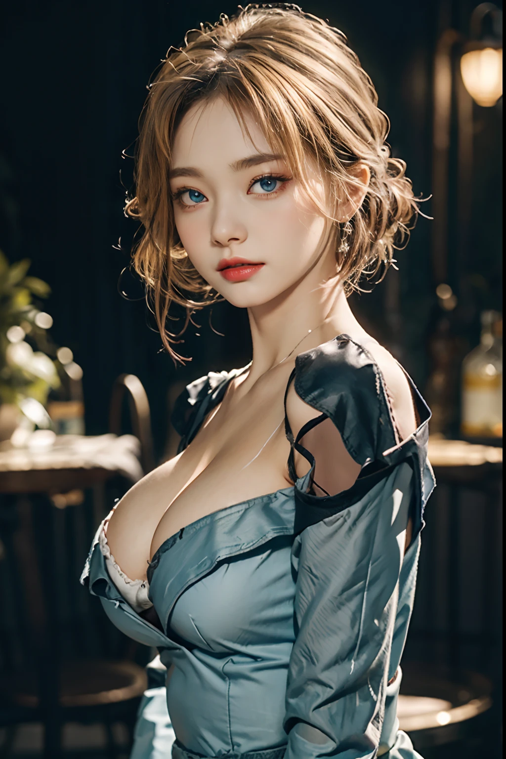 22-year-old woman、(hi-top fade:1.3)、length hair、Blue eyes、Dark theme、Soothing tones、Subdued Color、highly contrast、Colossal tits、(cleavage of the breast)、Off-the-shoulder see-through dresses、The upper part of the body、(natural skin textures、Hyper-Realism、Soft light、sharp)、(a blond)、appearance々Background、Alice in Wonderland