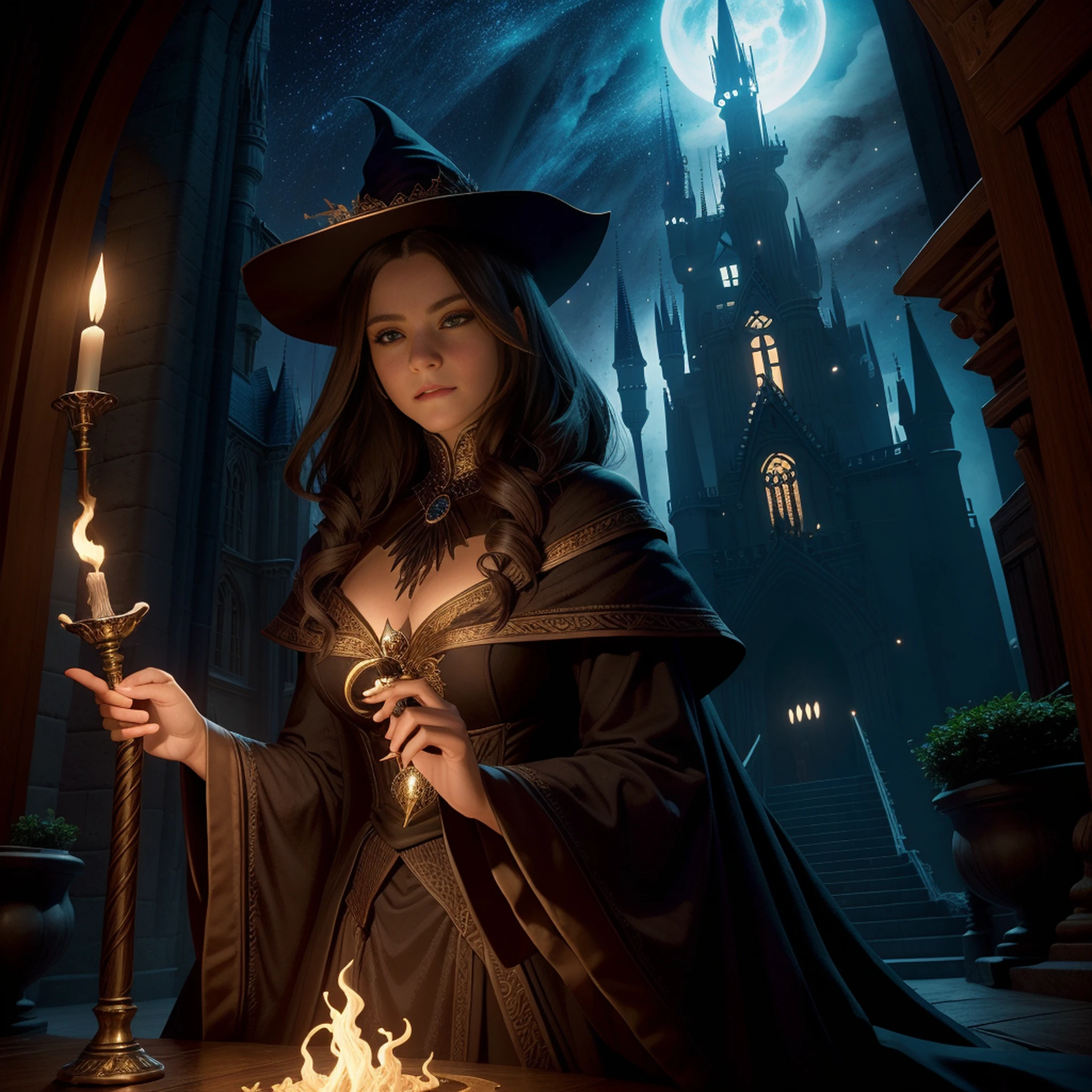 Vestida com um traje de bruxa segurando uma varinha brilhante, Female mage conjuring a spell, mago feminino de fantasia sombria, retrato de feiticeira feminina, Beautiful Female Sorceress, maga feminina,maga de fogo feminina, maga de fogo personagem, in a magical world it is very beautiful and magical, the whole magic world is magnificent, the magic castle is very grand and magnificent, a magic beautiful girl under the stars, (cenas de filmes, Obras, Realistic, ultra-high resolution) the castle is full of magic feeling, the magic world is full of magic items and magic crafts, magic potions and magic ornaments, Gorgeous buildings and shops full of magic, magical supplies and curiosities, the city will be lit up w