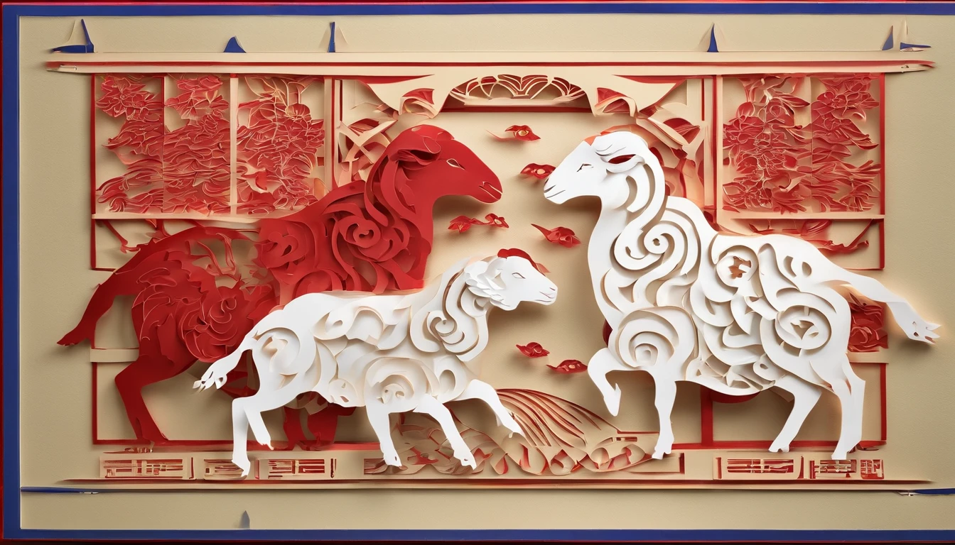 Zodiac sheep,The zodiac sheep is represented by shadow puppets,Windows of ancient China,Plump flowers as a match,Bright frontal light,The color is warm and reddish