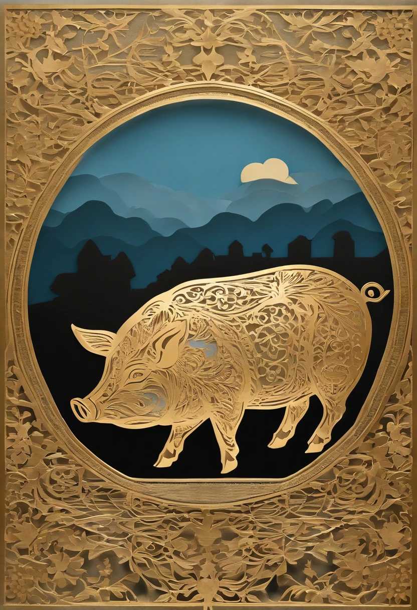 Paper Cuttings style，A pig，Pigs are golden，There are decorations around，Non-realistic，Gold, light blue, white，A little red，، simple，Commercial posters，delight