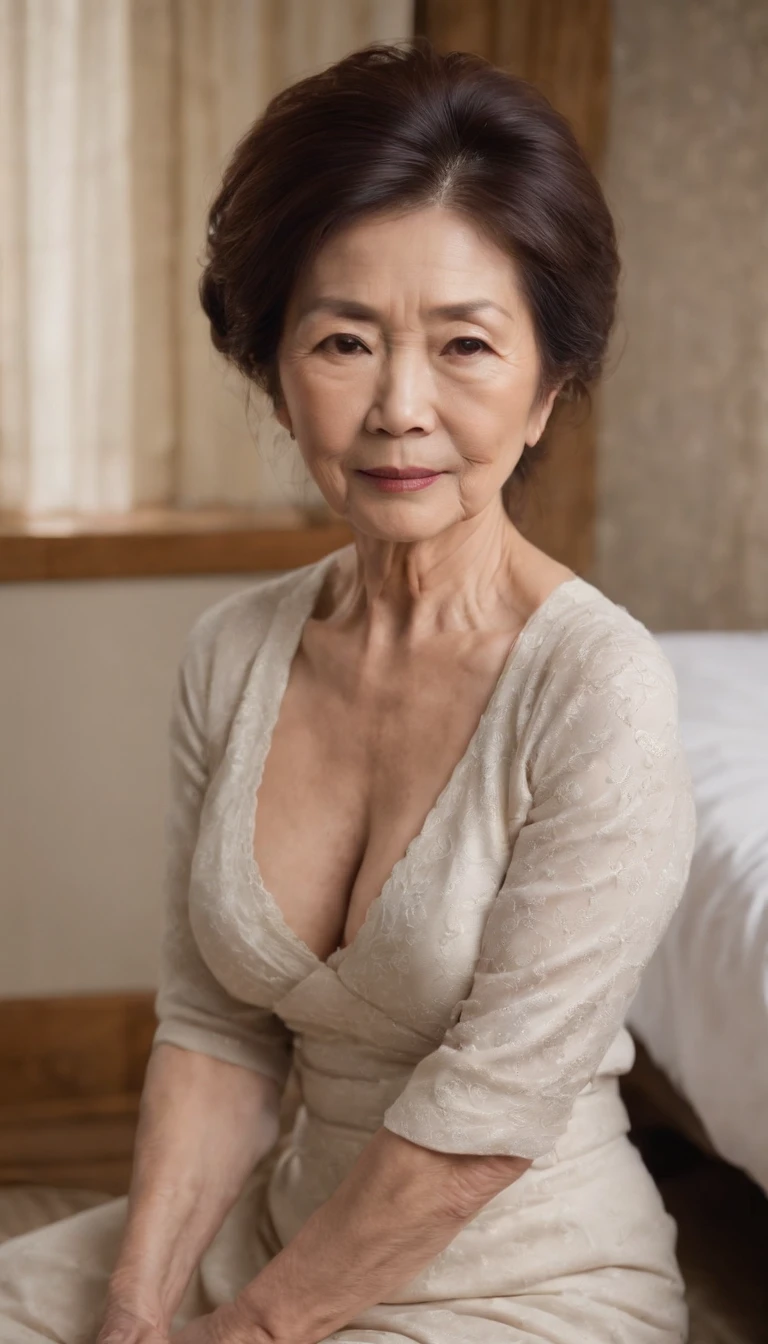 NSFW, japanes, house wife, 65 years old, Bedroom, Kneel, barechested, pubick hair,