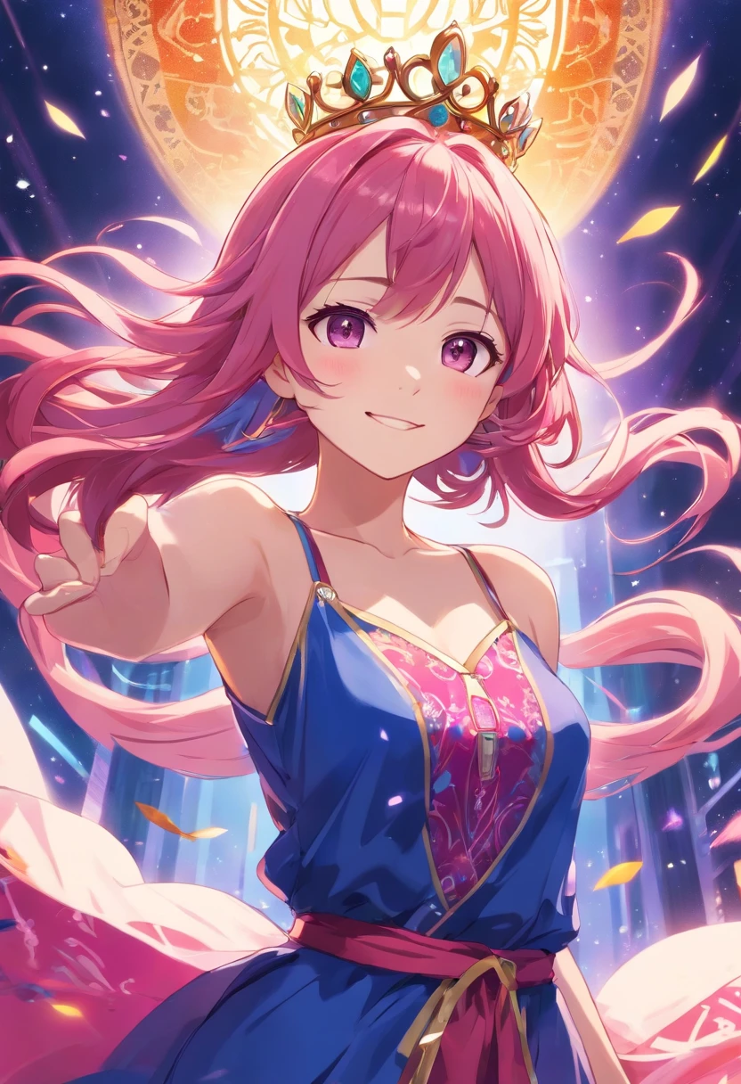 beautiful, happy princess, pink hair, wearing flowing dress in rich hues of deep pink and royal blue, adorned with intricate patterns that hinted at her connection to ancient magic, reflection of her enigmatic nature, smiling confidentially, wearing jewel necklace, magical bracelets, marvelous crown, brilliant texture work, purple pants